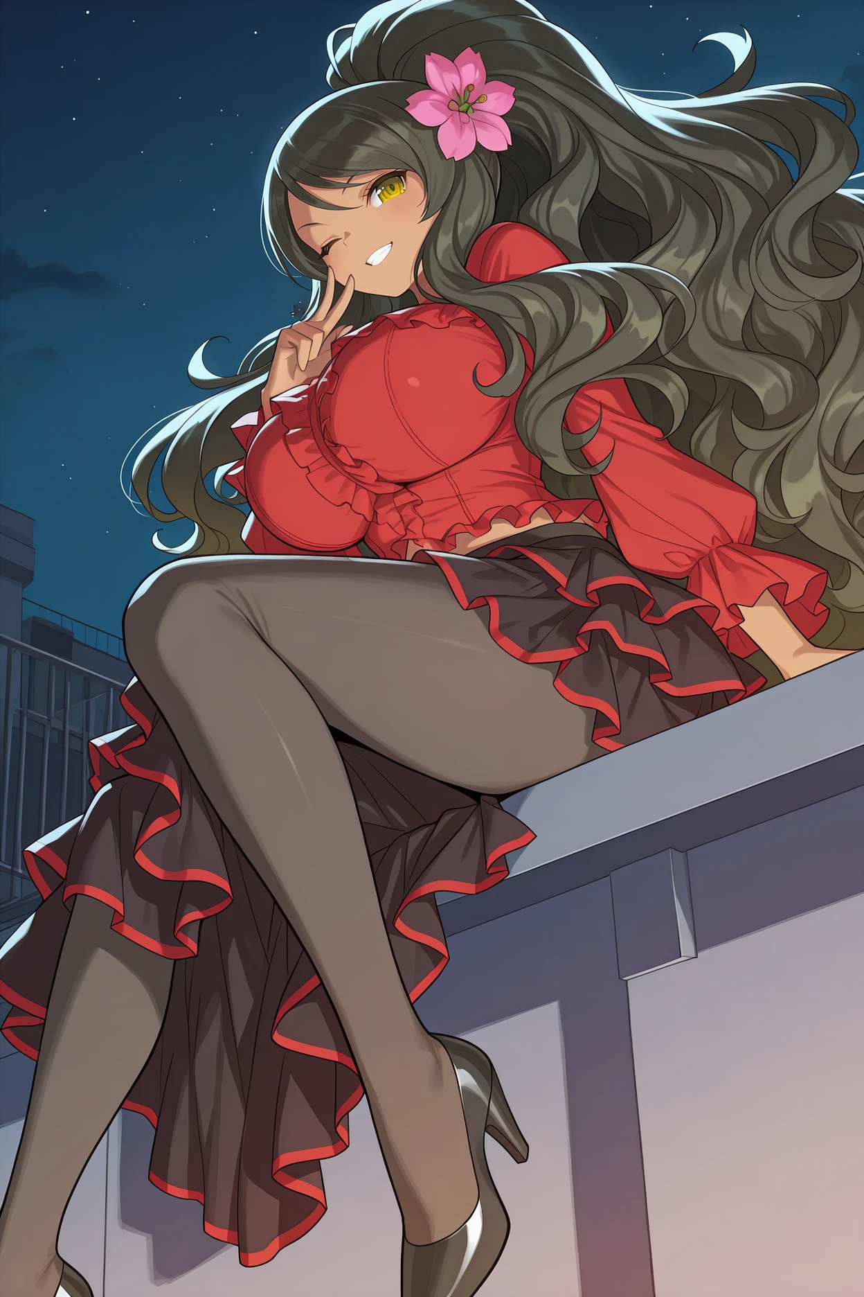 masterpiece, best quality, 1girl, solo, <lora:skageha-illu-nvwls-v1-000006:1> kgaha, dark-skinned female, black hair, very long hair, wavy hair, amber eyes, , high ponytail, big hair, hair flower, pink flower, frilled shirt, red shirt, long sleeves, frilled sleeves, black skirt, layered skirt, long skirt, pantyhose, high heels, sitting, rooftop, wink, night sky, from below, grin