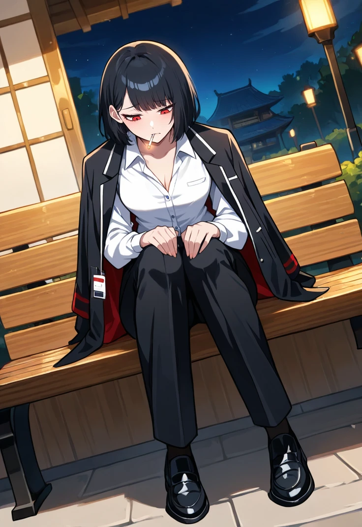 masterpiece, perfect face, beautiful face, perfect hands, beautiful hands, <lora:Ryoshu_Limbus_Illustrious_V2:1>, 1girl, solo, RyoshuLimbus, short hair, black hair, red eyes, RyoshuSinner, black jacket, jacket on shoulders, black pants, white shirt, black footwear, outdoors, park, east asian architecture, sitting on bench, looking down, sad, night, full body, dutch angle, cigarette in mouth, depression, hands on knees, small , cleavage