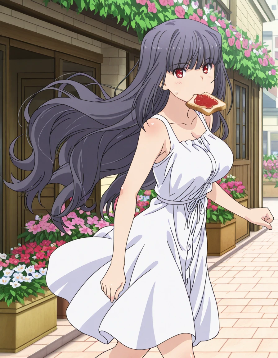 masterpiece, best quality, amazing quality,, <lora:raika-oda-s1-illustriousxl-lora-nochekaiser:1>, raika oda, long hair, black hair, red eyes, mature female, large breasts, anime screencap, dress, collarbone, white dress, sundress,, <lora:food-in-mouth-running-illustriousxl-lora-nochekaiser:1>, food in mouth running, food in mouth, running, bread, bread slice, food, toast in mouth, toast, sweatdrop, motion lines, motion blur, outdoors, feet out of frame, from side, flower shop, flowers, shelves, arrangements, cowboy shot, solo, looking at viewer,