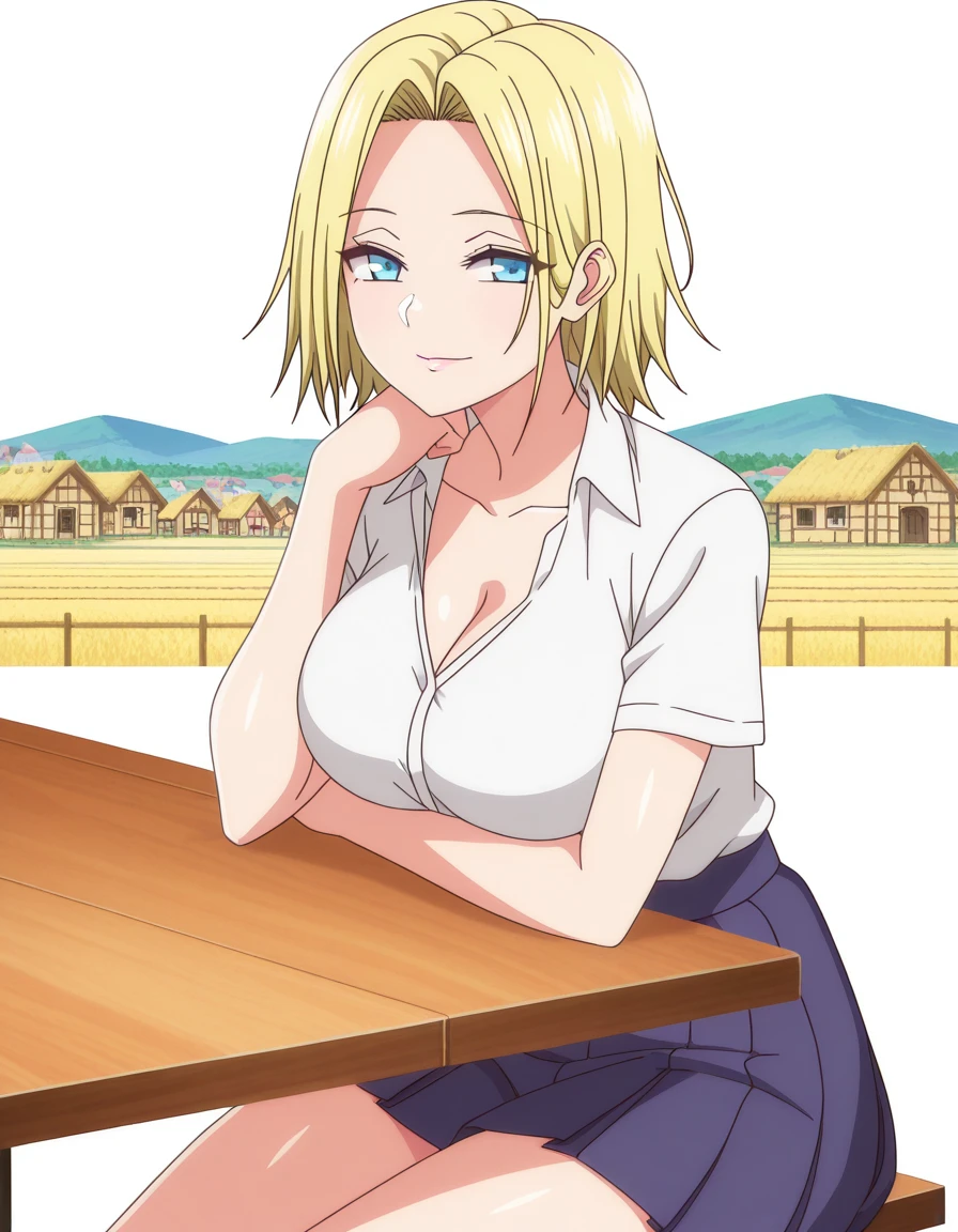 masterpiece, best quality, amazing quality,, <lora:reina-hamazaki-ova-illustriousxl-lora-nochekaiser:1>, reina hamazaki, short hair, blue eyes, mature female, large breasts, anime screencap, shirt, white shirt, collared shirt, short sleeves, collarbone, cleavage, skirt, pleated skirt, blue skirt,, sitting, elbow rest, table,, village, houses, community, rural, farms, cowboy shot, solo, looking at viewer, <lora:transparent-background-illustriousxl-lora-nochekaiser:1>, transparent background, simple background, white background