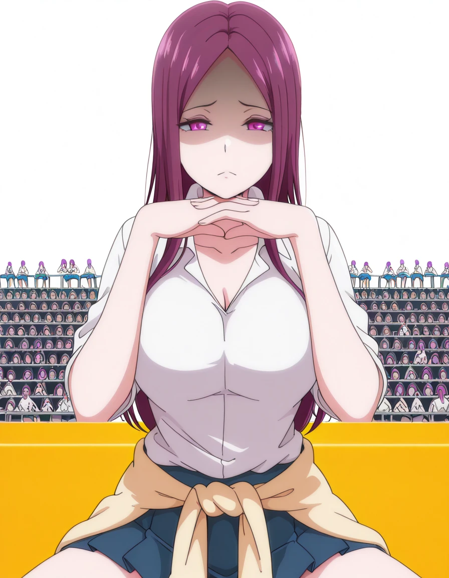 masterpiece, best quality, amazing quality,, <lora:yukina-sasaki-ova-illustriousxl-lora-nochekaiser:1>, yukina sasaki, long hair, purple eyes, purple hair, mature female, large breasts, anime screencap,  shirt, white shirt, collared shirt, short sleeves, collarbone, cleavage, skirt, pleated skirt, blue skirt, clothes around waist, sweater around waist,, <lora:gendou-pose-illustriousxl-lora-nochekaiser:1>, gendou pose, own hands clasped, own hands together, parody, shaded face, looking at viewer, frown, elbow rest,, arena, seats, stage, event, audience, cowboy shot, solo, looking at viewer, <lora:transparent-background-illustriousxl-lora-nochekaiser:1>, transparent background, simple background, white background