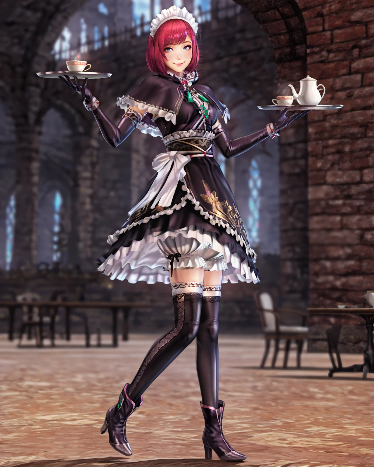 masterpiece, best quality, amazing quality, castle, indoors, blurry background, looking at viewer, full body shot, standing, smile, tea, tray, table, serving tea,
 <lora:GraciaSW:1>Gracia, 1girl, solo, thighhighs, black dress, elbow gloves, red hair, maid headdress, jewelry, maid, boots, black thighhighs, high heels, bloomers, short hair, capelet