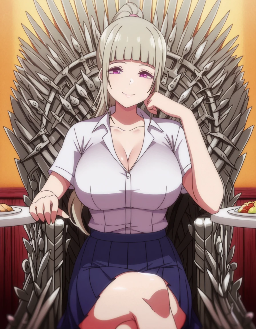 masterpiece, best quality, amazing quality,, <lora:ruri-kurumizaka-ova-illustriousxl-lora-nochekaiser:1>, ruri kurumizaka, long hair, bangs, purple eyes, ponytail, blunt bangs, pink eyes, high ponytail, mature female, large breasts, anime screencap, shirt, white shirt, collared shirt, short sleeves, collarbone, cleavage, skirt, pleated skirt, blue skirt,, <lora:iron-throne-illustriousxl-lora-nochekaiser:1>, iron throne, sitting, looking at viewer, sword, throne, sitting on throne, smile, cowboy shot, elbow rest, crossed legs, restaurant, tables, food, waiters, guests, cowboy shot, solo, looking at viewer,