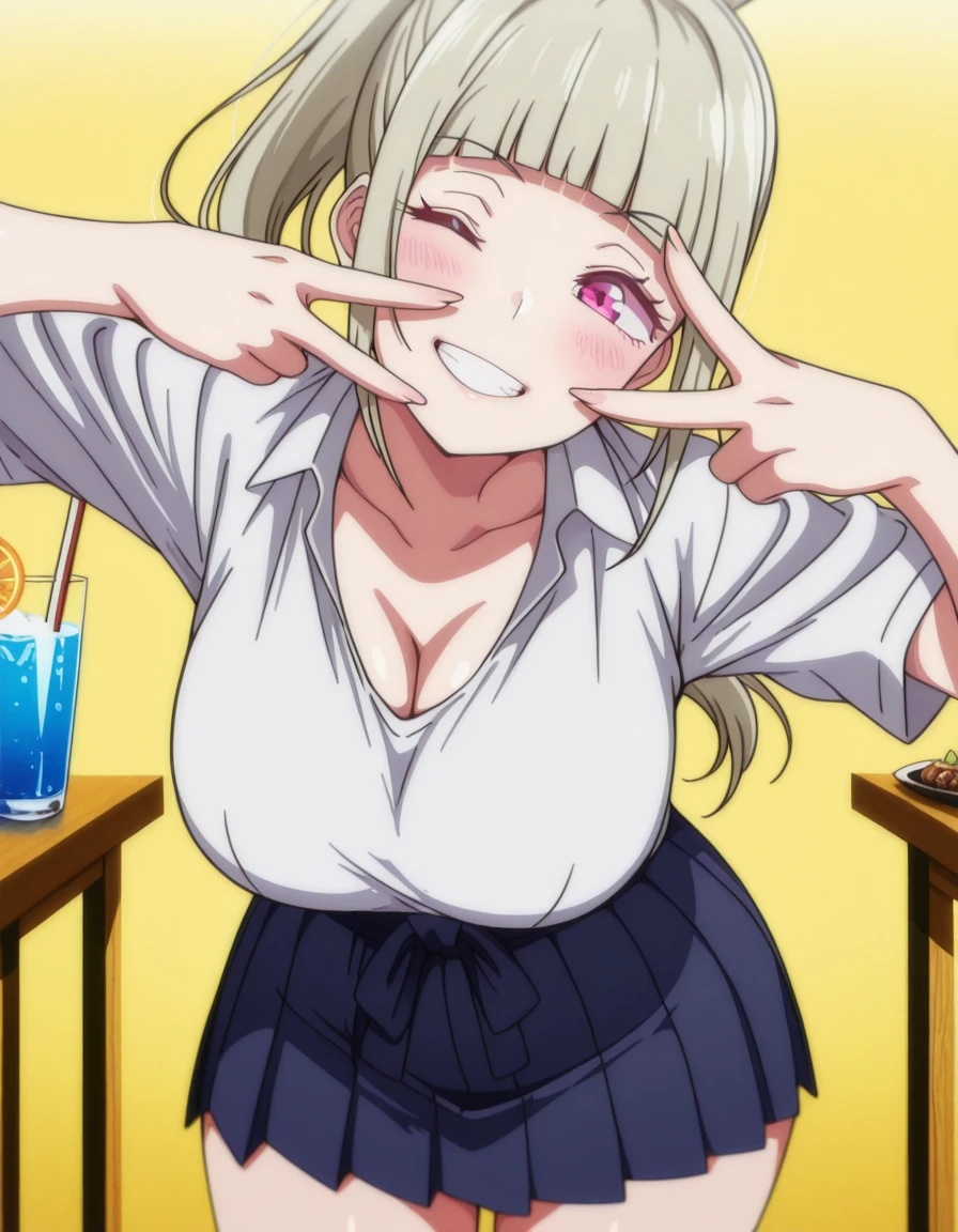 masterpiece, best quality, amazing quality,, <lora:ruri-kurumizaka-ova-illustriousxl-lora-nochekaiser:1>, ruri kurumizaka, long hair, bangs, purple eyes, ponytail, blunt bangs, pink eyes, high ponytail, mature female, large breasts, anime screencap, shirt, white shirt, collared shirt, short sleeves, collarbone, cleavage, skirt, pleated skirt, blue skirt,, <lora:gyaru-v-illustriousxl-lora-nochekaiser:1>, gyaruv, solo, looking at viewer, blush, smile, cowboy shot, teeth, one eye closed, v, leaning forward, v over eye,, izakaya, drinks, food, stools, social, cowboy shot, solo, looking at viewer,