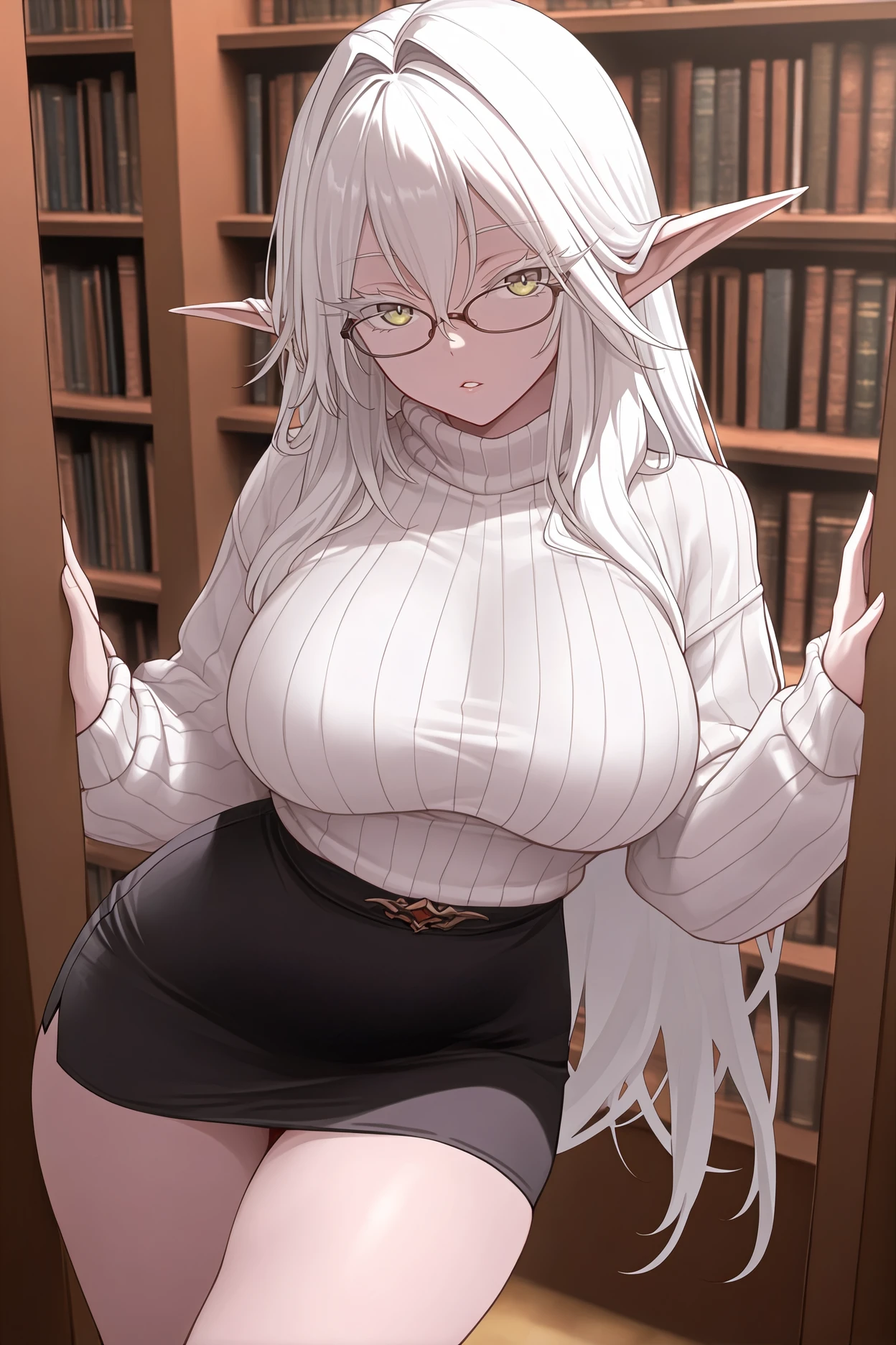 masterpiece, best quality, 1girl, solo, <lora:forestprincess-illu-nvwls-v1-000006:1> fstpc, pointy ears, white hair, long hair, hair between eyes, hair intakes, white eyelashes, large breasts, white sweater, ribbed sweater, black skirt, pencil skirt, glasses, looking at viewer, parted lips, library, thighs
