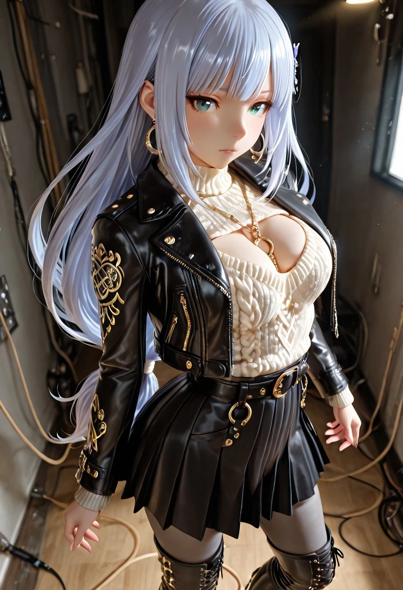 masterpiece, ultra-HD, game_cg,high detail, depth of field, (dramatic lighting),best quality, very aesthetic,8k,2.5D,absurdres, explicit,BREAK,
1 gril,Shiraishi Tsumugi,blue eyes,low-tied long hair,posing,gradient,between_breasts,
BREAK,
beige cable knit sweater, pleated midi skirt, gray opaque tights (20D), cropped leather jacket, knee-high boots, gold hoop earrings,
