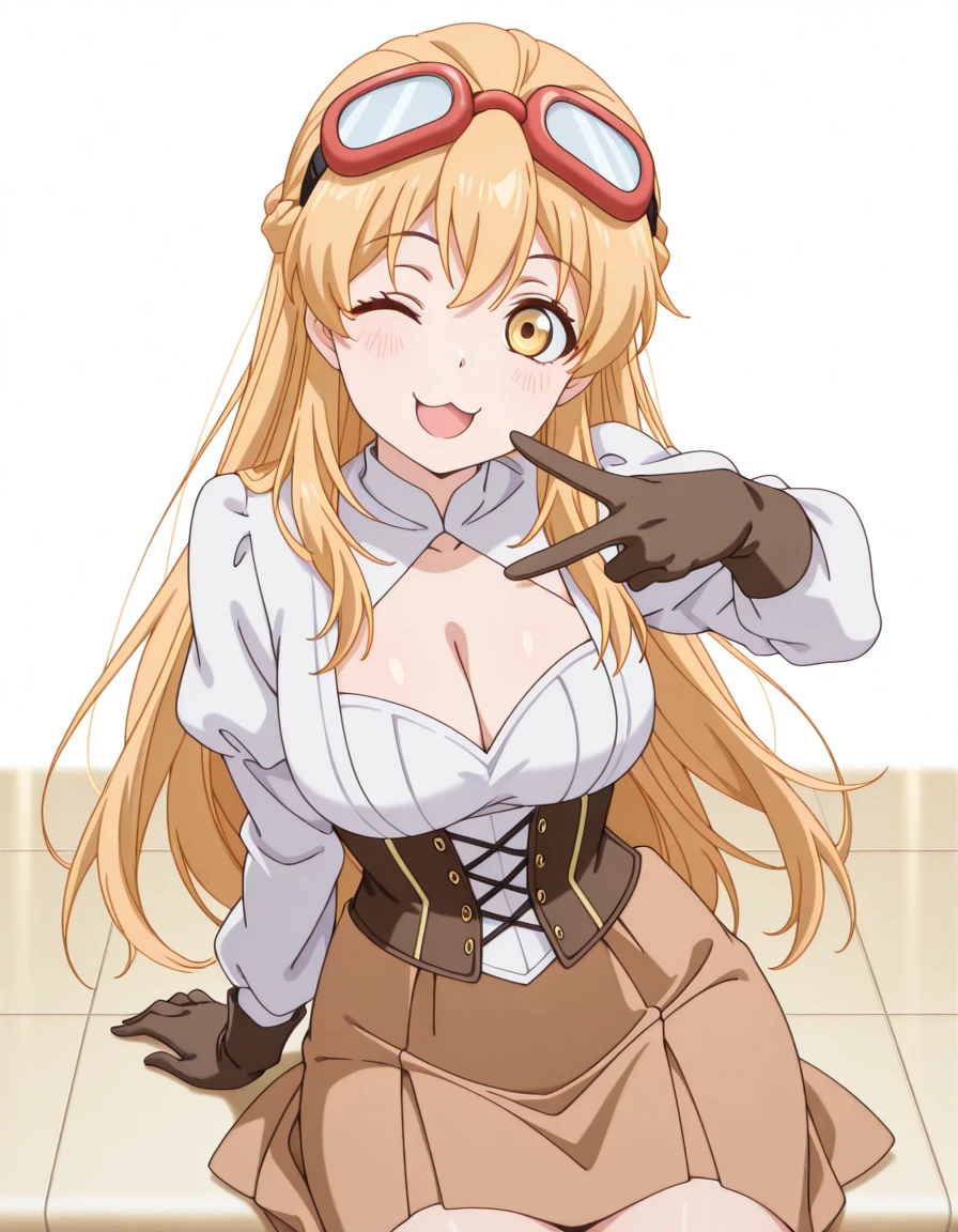 masterpiece, best quality, amazing quality,, <lora:su-mucheng-s1-illustriousxl-lora-nochekaiser:1>, su mucheng, long hair, blonde hair, yellow eyes, braids, hair braid, mature female, medium breasts, anime screencap, googles, googles on head, gloves, cleavage, shirt, juliet sleeves, corset, skirt, brown skirt, white shirt,, <lora:gyaru-v-illustriousxl-lora-nochekaiser:1>, gyaruv, solo, looking at viewer, blush, smile, open mouth, sitting, one eye closed, v, :3,, ballroom, dance_floor, chandeliers, formal_wear, cowboy shot, solo, looking at viewer, <lora:transparent-background-illustriousxl-lora-nochekaiser:1>, transparent background, simple background, white background
