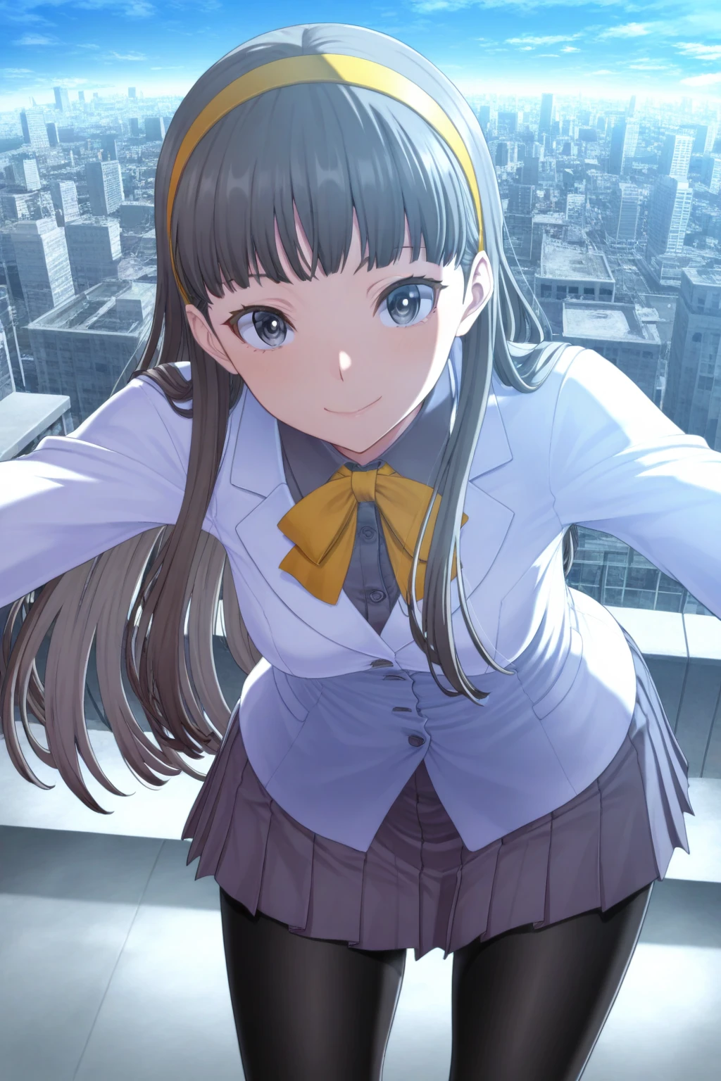 misonoinori,1girl,solo,pantyhose,long hair,hairband,amagi yukiko,skirt,school uniform,black hair,black pantyhose,pleated skirt,smile,black eyes,<lora:misonoinori:0.8>,cowboy_shot,cityscape,bent_over,(from_below:1.2),, masterpiece,best quality,amazing quality,