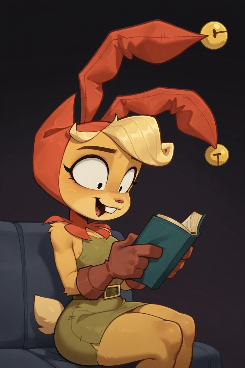 feminine, best quality, masterpiece, highres, newest, furry, d0rk_ha, 1girl, furry, rabbit girl, jester hat, dress, gloves, belt, sitting, reading, buckteeth,
BREAK
dynamic background, dark background,, simple background, <lora:Dorkha_IL:1>