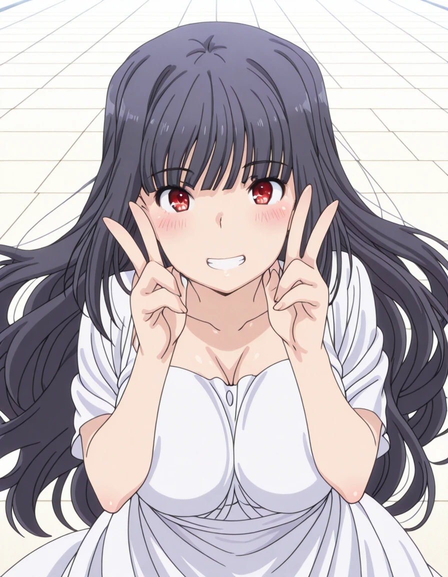 masterpiece, best quality, amazing quality,, <lora:raika-oda-s1-illustriousxl-lora-nochekaiser:1>, raika oda, long hair, black hair, red eyes, mature female, , anime screencap, dress, collarbone, white dress, sundress,, <lora:amane-himeno-photoshoot-illustriousxl-lora-nochekaiser:1>, amane himeno photoshoot, solo, looking at viewer, blush, smile, teeth, grin, v, portrait, close-up, double v,, runway, landing, lights, speed, takeoff, cowboy shot, solo, looking at viewer,