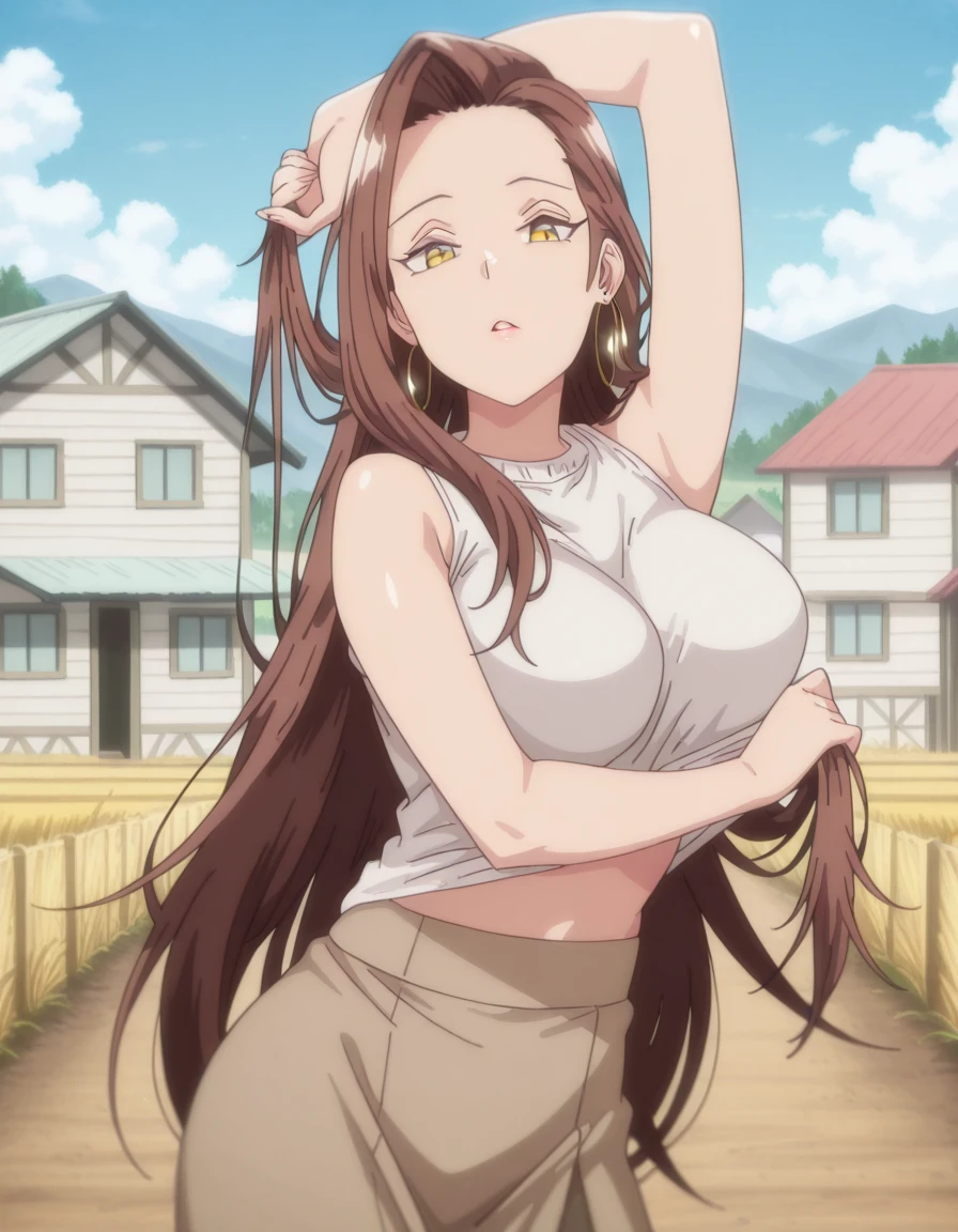 masterpiece, best quality, amazing quality,, <lora:risa-hamazaki-ova-illustriousxl-lora-nochekaiser:1>, risa hamazaki, long hair, brown eyes, brown hair, mature female, large breasts, anime screencap, skirt, shirt, jewelry, white shirt, earrings, sleeveless, brown skirt, hoop earrings,, <lora:senjougaharahitagi-arm-up-pose-illustriousxl-lora-nochekaiser:1>, senjougaharahitagi arm up pose, solo, looking at viewer, open mouth, cowboy shot, parted lips, arm up, shirt lift, holding hair,, rural, fields, houses, countryside, quiet, cowboy shot, solo, looking at viewer,