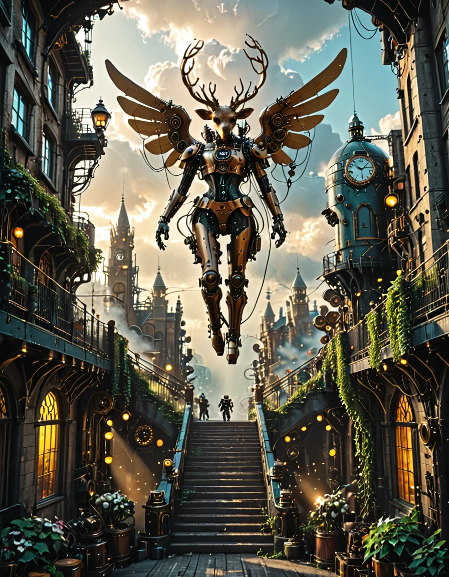 <lora:CWMinis_ST2xl:1> cwmst, absurdres, insanely detailed, steampunk, street, crowded, vegetation, E09, sun shades though clouds, sunlight, golden rays, atmospheric, dramatic lighting, ethereal, soft gradients, tranquil, majestic, natural light, cloudscape, warm glow, angel statue, huge steampunk drone, wires, stairs, steampunk deer robot, climbing ivy, flowers, clock, glass dome, bridge
