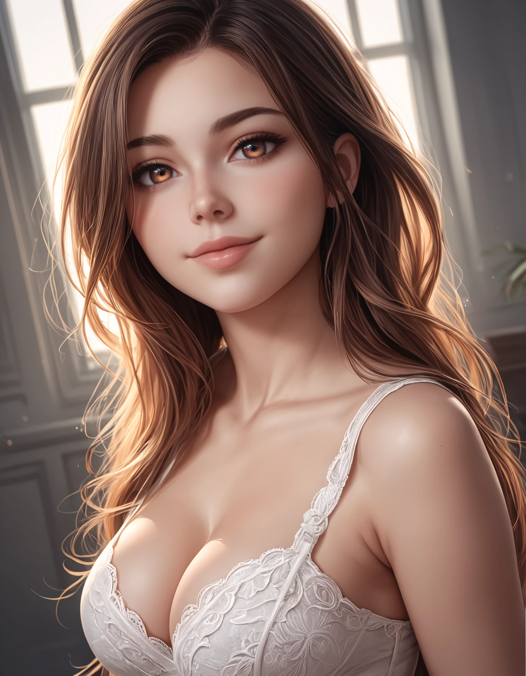 zPDXL3, safe_pos, score_9, score_8_up, source_realistic, rating_explicit, 8k, best quality, masterpiece, expressiveh, intricate details, ultra high res, sharp focus, digital art, cinematic, extremely detailed, cinematic light, photo studio lighting, Unreal Engine, dramatic angle, dynamic camera angle,
unique perspective, unique angle, wide angle, dutch angle, foreshortening, blurred eyes,
1girl, solo, brown hair, long hair, upper body shot, cleavage, smile, japanese,
innocent, extra blush under eyes, big eyes, beautiful detailed eyes, detailed beautiful delicate face, realistic humid skin, detailed skin pose, sensual posture, graceful pose, curvy, scenery