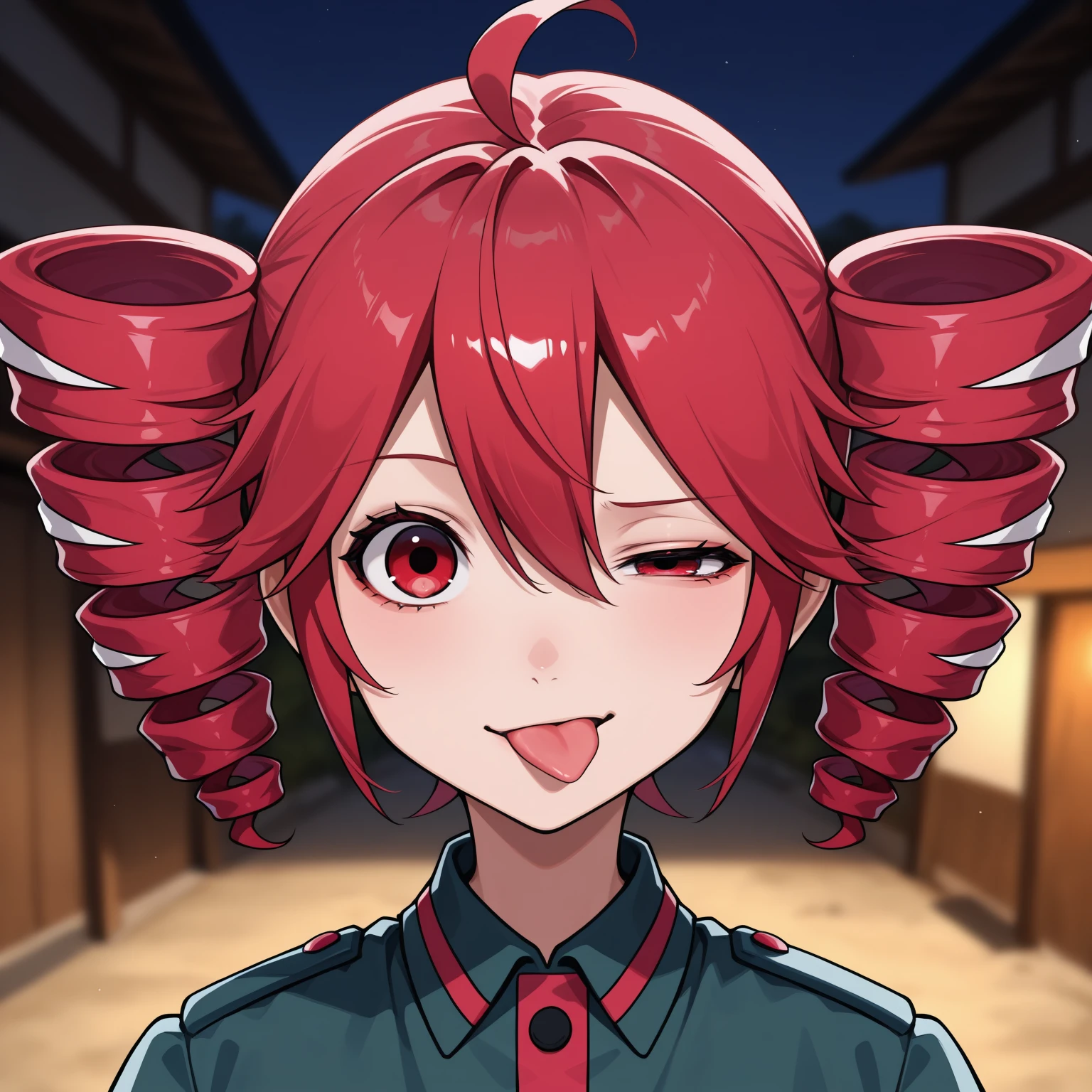 tongue out, uneven eyes, half-closed eye, looking at viewer, upper body, kasane teto, blurry background, <lora:rigby_the_cat_(meme)-000008v3:1>