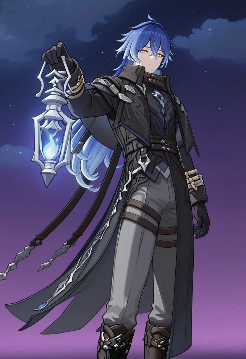 male, 1 man, Flins, blue hair, yellow eyes, long hair, coat, boots, gloves, silver ornaments,
looking at viewer, holding purple lantern, blue fire, neutral expression, handsome features, one hand down, looking forward,
simple background, dark background, stars, clouds, night sky, dynamic pose, masterpiece, best quality, perfect quality, cinematic, natural lighting, absurdres, newest, perfect anatomy, intricate details, front view, lineart,