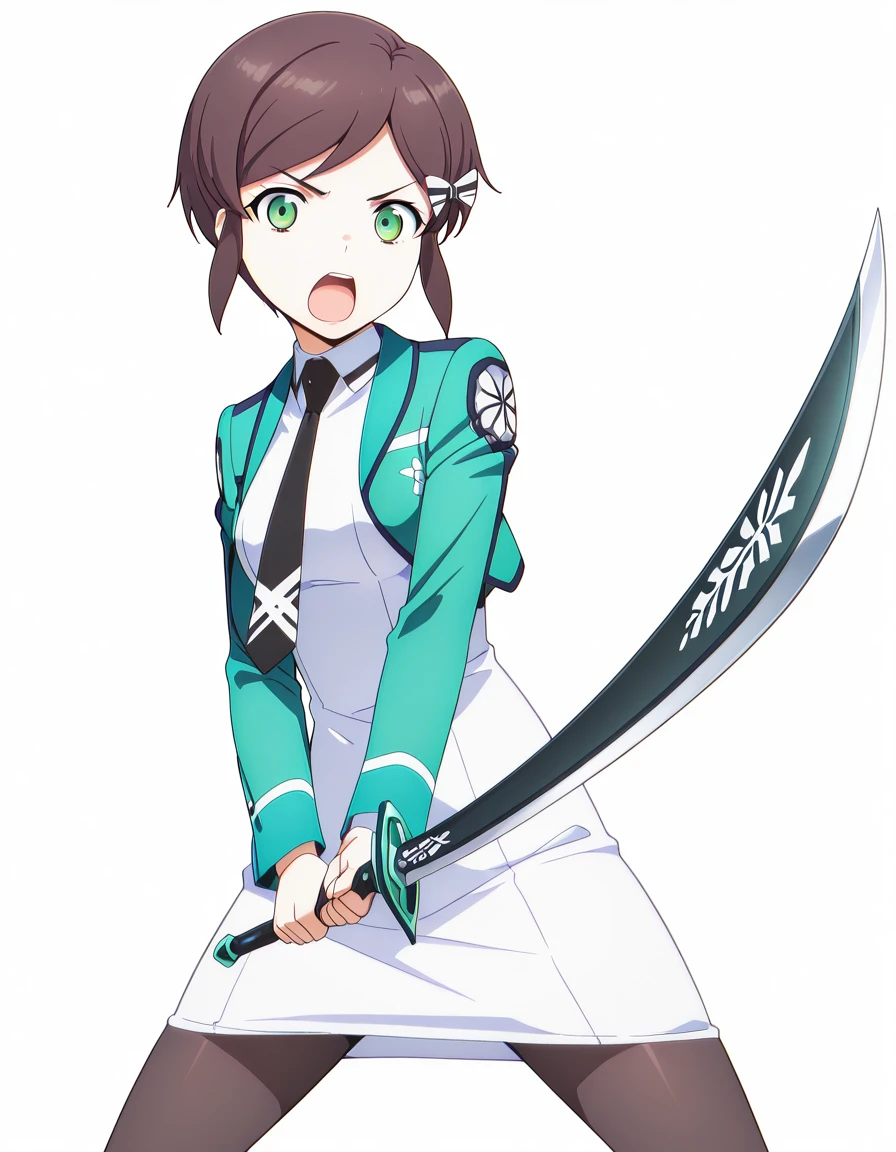 masterpiece, best quality, amazing quality,, <lora:kasumi-saegusa-s3-illustriousxl-lora-nochekaiser:1>, kasumi saegusa, short hair, brown hair, bow, green eyes, hair bow, mature female, small breasts, anime screencap, dress, jacket, pantyhose, necktie, white dress, black necktie, green jacket, <lora:sunrise-stance-illustriousxl-lora-nochekaiser:1>, sunrise stance, weapon, sword, solo, open mouth, holding weapon, holding, holding sword,, megastructure, large, futuristic, building, complex, cowboy shot, solo, looking at viewer, <lora:transparent-background-illustriousxl-lora-nochekaiser:1>, transparent background, simple background, white background