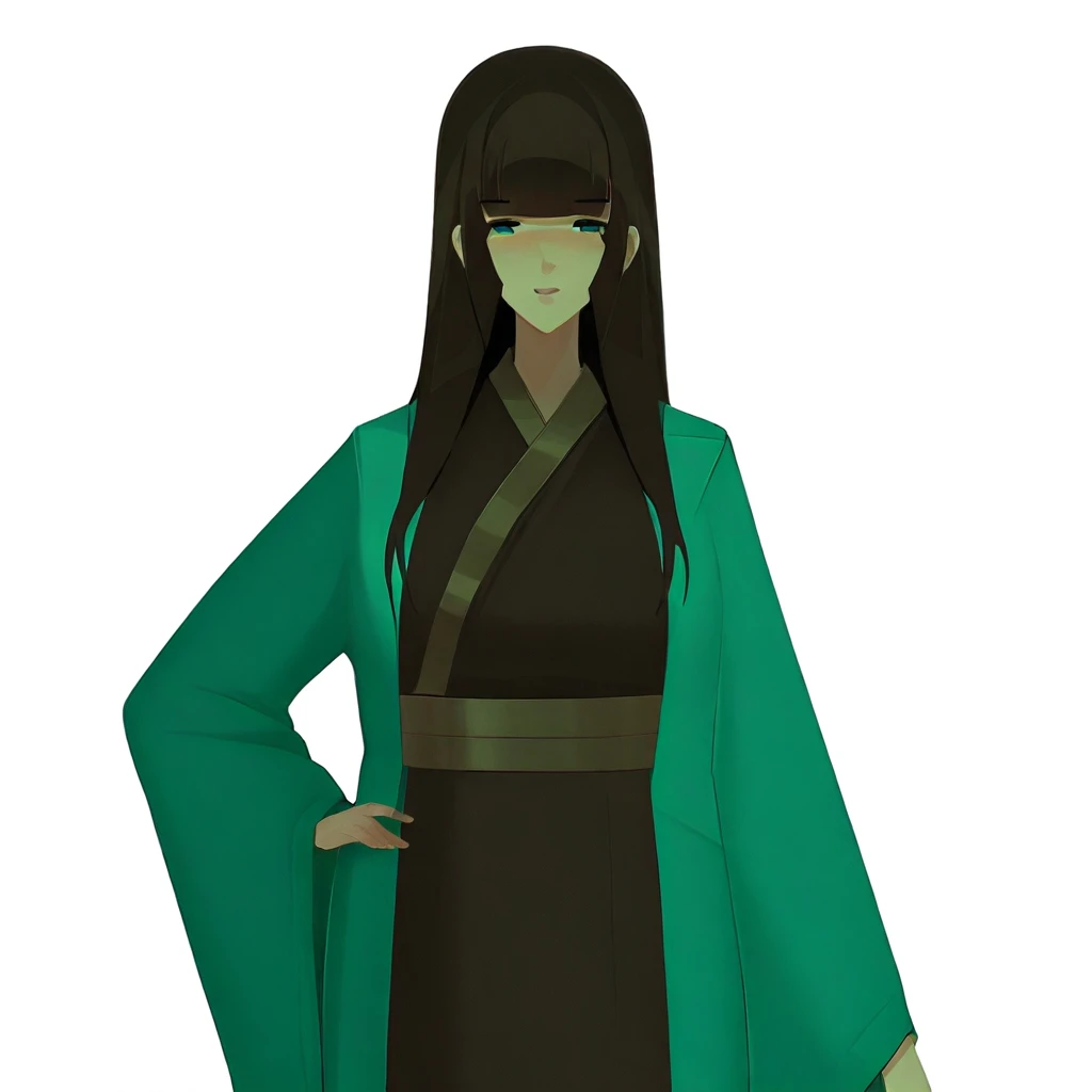 KaoriTower, kimono_outfit, 1girl, solo, brown hair, long hair, green eyes, straight hair, blunt bangs, green kimono, dark underlayer, hand on hip, upper body, standing, white background, anime style