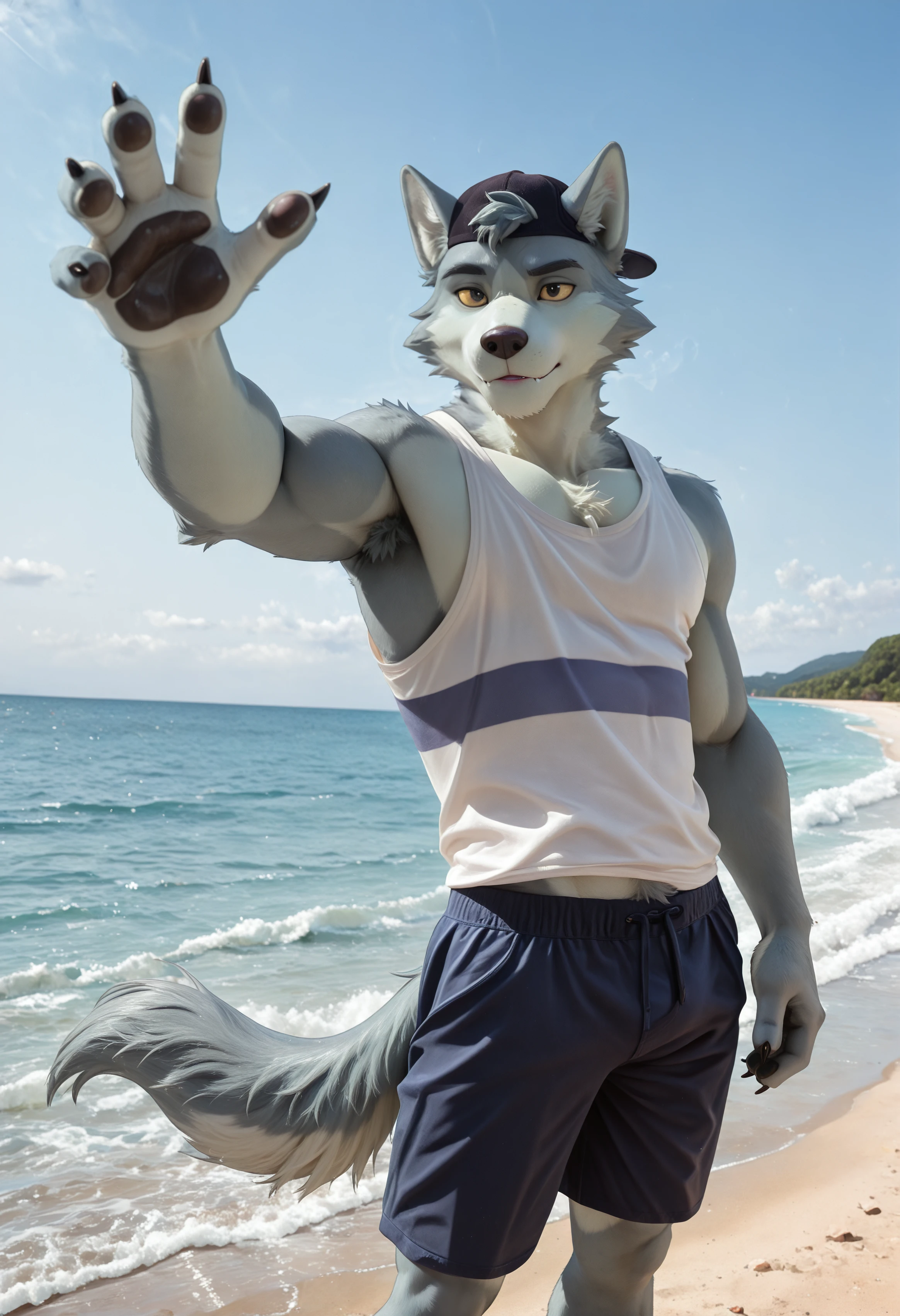 (masterpiece, best quality, very aesthetic, newest, 2024:1.2), (photorealism, photorealistic:1.2), hi res, detailed fur, dutch angle, w0lf_wbb, male focus, furry, furry male, 1boy, animal ears, solo, bara, wolf ears, wolf boy, wolf tail, short hair, body fur, black cap, white tank top, shorts, looking at viewer, yellow sclera, claws, beach environment, standing with clothes flying away in wind, reaching hand forward, looking at clothes, wide shot, no clothes except underwear, cinematic quality, <lora:noobReal-V2.1:0.45> <lora:Wolf_We_Bаby_Bears_Illustrious:1>