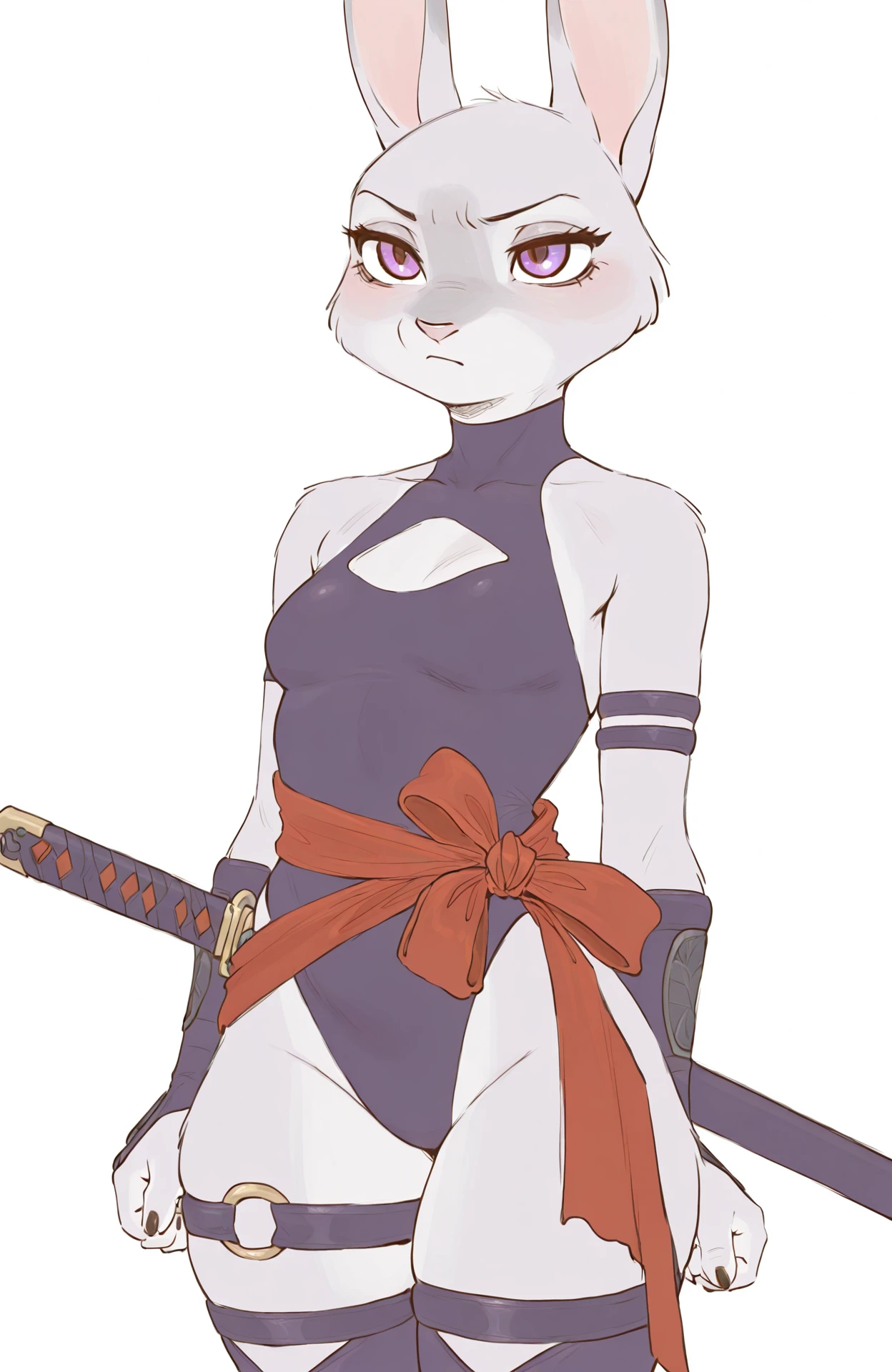 masterpiece, best quality, newest, absurdres, lazypos, solo, chibi
JdH00ps-p3np3n, gray fur, purple eyes, PsylockeRivals,bare shoulders,nail polish,leotard,sash,thigh strap,sheath,black nails,sheathed,ninja,purple stockings, serious face, small breast
<lora:psylocke:0.7>
<lora:Judy-Hopps-penpen-style_il:0.9>