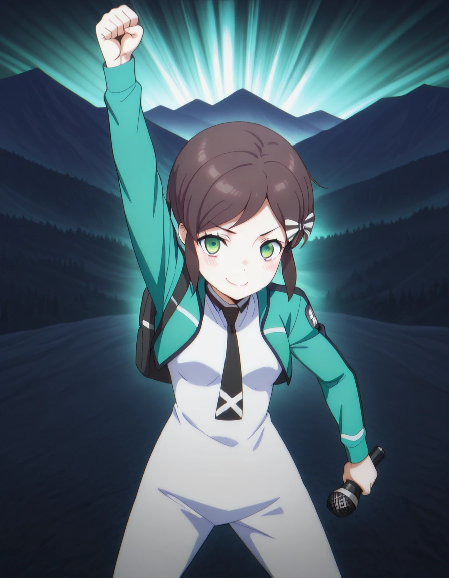 masterpiece, best quality, amazing quality,, <lora:kasumi-saegusa-s3-illustriousxl-lora-nochekaiser:1>, kasumi saegusa, short hair, brown hair, bow, green eyes, hair bow, mature female, small breasts, anime screencap, dress, jacket, pantyhose, necktie, white dress, black necktie, green jacket, <lora:freddymercury-rage-pose-illustriousxl-lora-nochekaiser:1>, freddymercurys rage pose, solo, blush, smile, holding, closed eyes, arm up, microphone, holding microphone, clenched fist, dark, spotlight, cowboy shot, legs apart, mountain trail, hiking, nature, backpack, adventure, fresh air, cowboy shot, solo, looking at viewer,