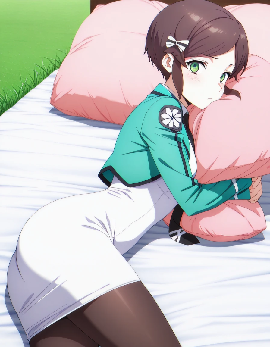 masterpiece, best quality, amazing quality,, <lora:kasumi-saegusa-s3-illustriousxl-lora-nochekaiser:1>, kasumi saegusa, short hair, brown hair, bow, green eyes, hair bow, mature female, small breasts, anime screencap, dress, jacket, pantyhose, necktie, white dress, black necktie, green jacket, <lora:on-stomach-from-side-illustriousxl-lora-nochekaiser:1>, on stomach from side, on stomach, from side, on bed, pillow, pillow hug, looking at viewer, blush, parted bangs, ass, thighs, plain, grass, open, vast, sky, cowboy shot, solo, looking at viewer,