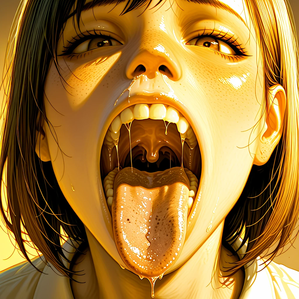 Realistic, sexy girl, 1girl, throat, big mouth, mouth, one tongue, teeth, dirty tongue, open mouth, saliva, ((web-like saliva all over mouth)), saliva strian, masterpiece, best quality, high quality, newest, amazing quality, ultra detailed, soft warm light, high resolution