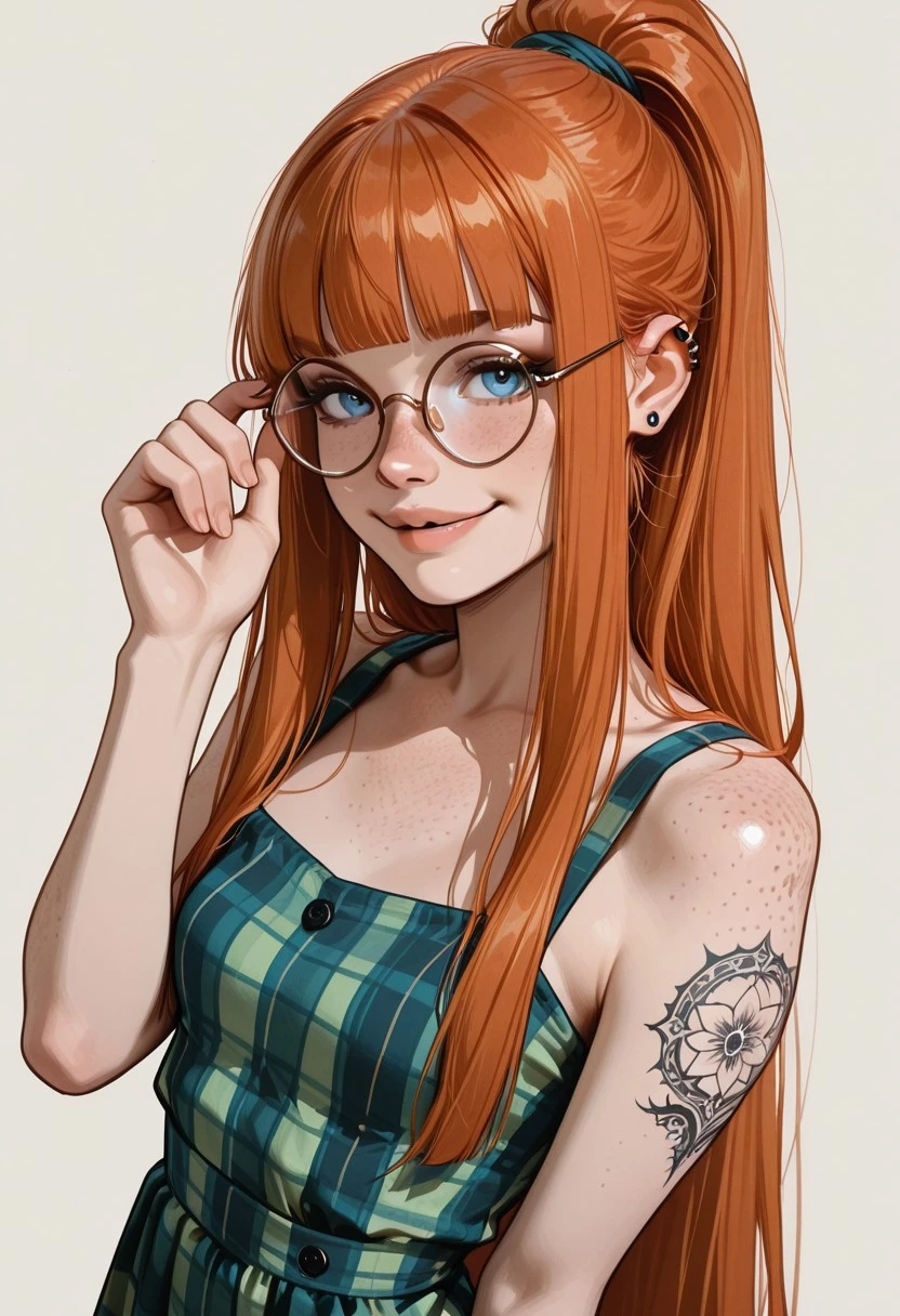 masterpiece, best quality, 32k, high resolution, absurdres, 1girl, GingerMixSyleRH, ginger hair, blunt bangs, double_tendrils, very long hair, high ponytail, straight hair, blue eyes, slim, small , piercings, beautiful full lips, freckles, lot of freckles, small round mouth, round eyeglasses, t4ts, tattoos, tattoo, full-body tattoo, full arm tattoo,short tartan sundress, focus on face, smiling, flirty, detailed lips, detailed eyes, expressive, looking at the viewer