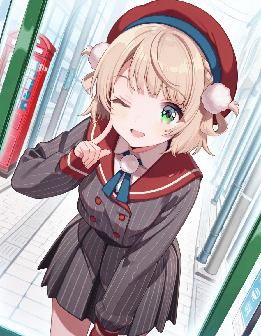 masterpiece, best quality, amazing quality,, <lora:ui-shigure-mv-illustriousxl-lora-nochekaiser:1>, ui shigure, shigure ui (vtuber), short hair, blonde hair, hair ornament, green eyes, braid, blunt bangs, swept bangs, light brown hair, side braid, french braid, hair rings, pom pom hair ornament, mature female, small breasts, shirt, skirt, long sleeves, hat, ribbon, jacket, white shirt, pleated skirt, collared shirt, sailor collar, miniskirt, striped clothes, sleeves past wrists, neck ribbon, buttons, beret, blue ribbon, red headwear, grey skirt, pom pom (clothes), vertical-striped clothes, grey jacket, double-breasted, pinstripe pattern, striped skirt, red sailor collar, striped jacket, vertical-striped skirt, vertical-striped jacket, <lora:alyas-finger-to-cheek-illustriousxl-lora-nochekaiser:1>, finger to cheek, solo, looking at viewer, blush, smile, open mouth, standing, one eye closed, hand up, leaning forward, index finger raised,, phone booth, glass, phone, street, retro, cowboy shot, solo, looking at viewer,