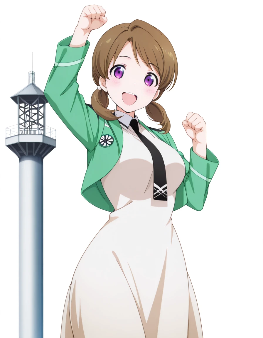 masterpiece, best quality, amazing quality,, <lora:honoka-mitsui-s2-illustriousxl-lora-nochekaiser:1>, honoka mitsui, bangs, brown hair, twintails, purple eyes, low twintails, mature female, medium breasts, anime screencap, dress, jacket, pantyhose, necktie, white dress, black necktie, green jacket, <lora:amane-himeno-photoshoot-illustriousxl-lora-nochekaiser:1>, amane himeno photoshoot, solo, looking at viewer, blush, smile, open mouth, teeth, arm up, hands up, clenched fist,, guard tower, security, tall, lookout, protective, cowboy shot, solo, looking at viewer, <lora:transparent-background-illustriousxl-lora-nochekaiser:1>, transparent background, simple background, white background