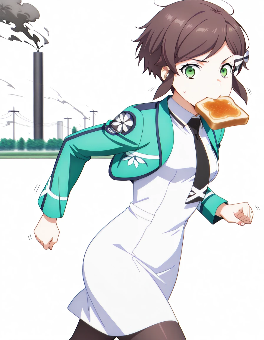masterpiece, best quality, amazing quality,, <lora:kasumi-saegusa-s3-illustriousxl-lora-nochekaiser:1>, kasumi saegusa, short hair, brown hair, bow, green eyes, hair bow, mature female, small breasts, anime screencap, dress, jacket, pantyhose, necktie, white dress, black necktie, green jacket, <lora:food-in-mouth-running-illustriousxl-lora-nochekaiser:1>, food in mouth running, food in mouth, running, bread, bread slice, food, toast in mouth, toast, sweatdrop, motion lines, motion blur, outdoors, cowboy shot, from side, power plant, machinery, smoke, energy, workers, cowboy shot, solo, looking at viewer, <lora:transparent-background-illustriousxl-lora-nochekaiser:1>, transparent background, simple background, white background