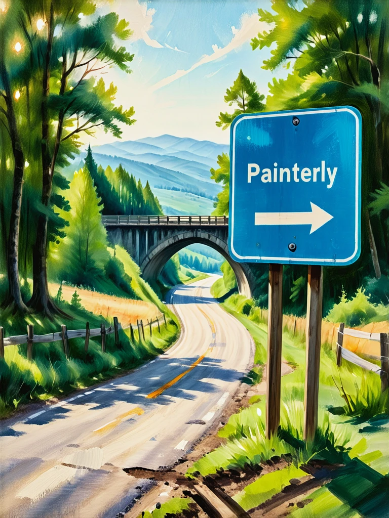 Oil painting style.
Paint a sign on the road. text: "Painterly".
The road winds into the distance towards an arched bridge.
pntrlyCE_style