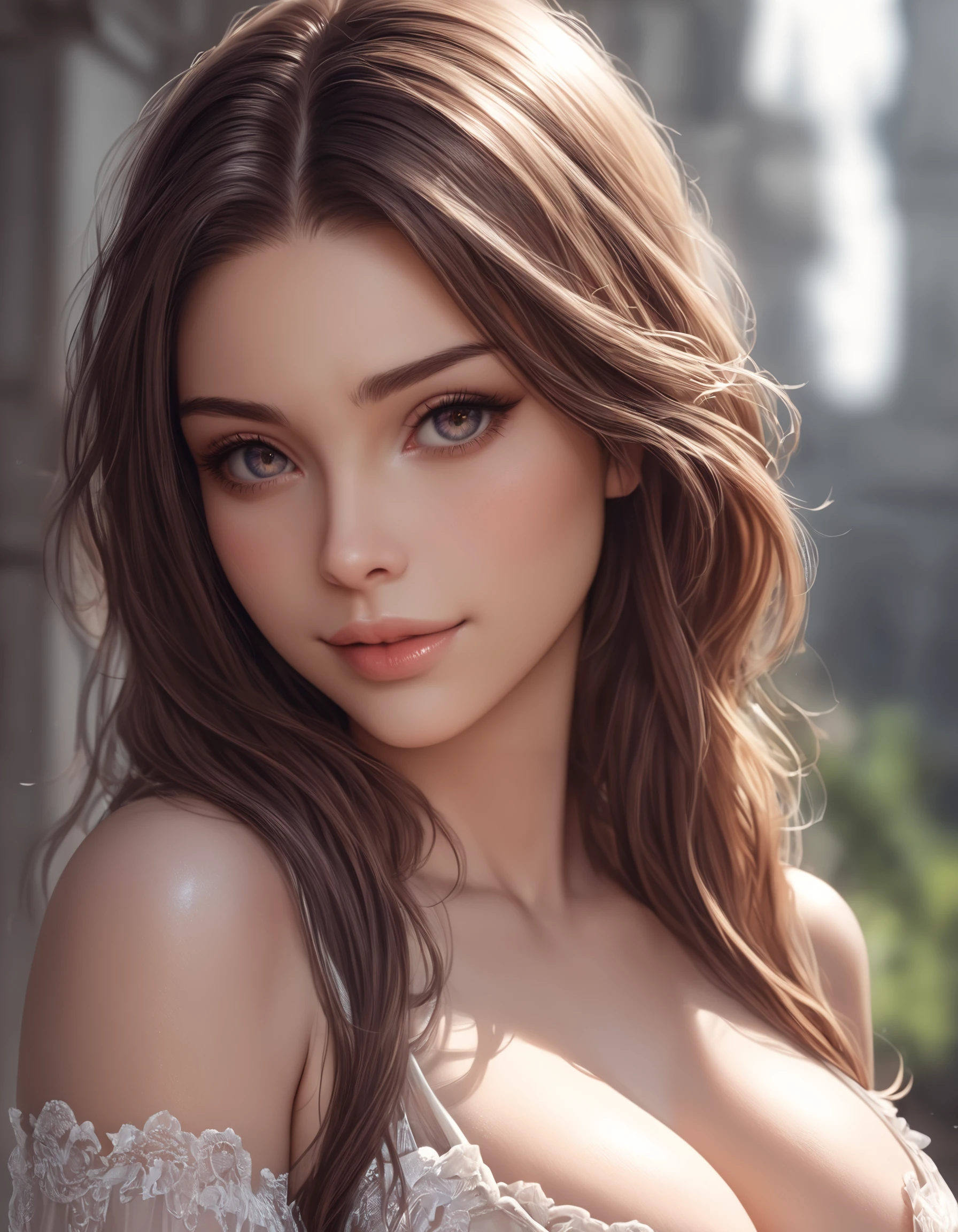 zPDXL3, safe_pos, score_9, score_8_up, source_realistic, rating_explicit, 8k, best quality, masterpiece, expressiveh, intricate details, ultra high res, sharp focus, digital art, cinematic, extremely detailed, cinematic light, photo studio lighting, Unreal Engine, dramatic angle, dynamic camera angle,
unique perspective, unique angle, wide angle, dutch angle, foreshortening, blurred eyes,
1girl, solo, brown hair, long hair, upper body shot, cleavage, seductive smile, japanese,
innocent, extra blush under eyes, big eyes, beautiful detailed eyes, detailed beautiful delicate face, realistic humid skin, detailed skin sexy pose, sensual posture, graceful pose, curvy, scenery