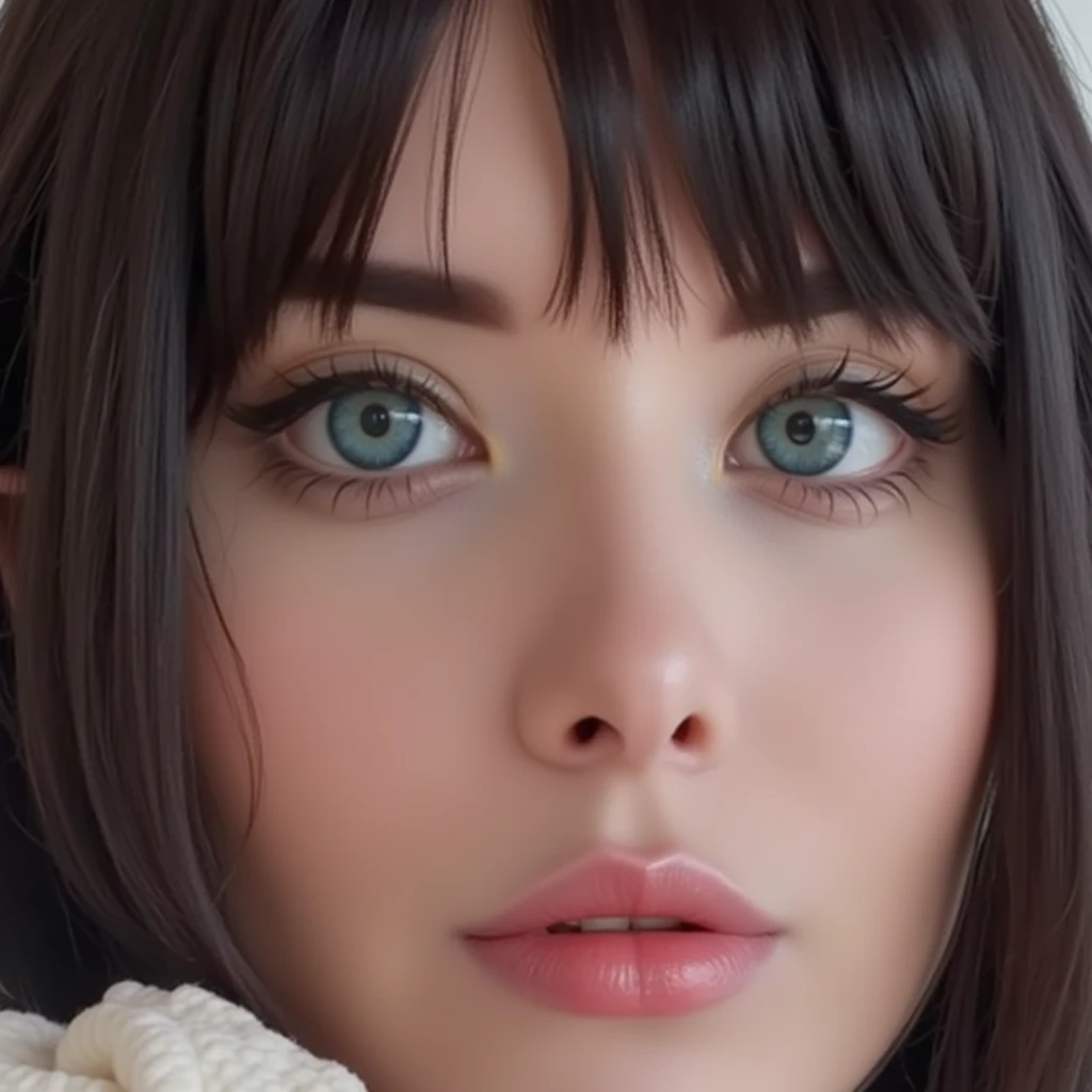 Big eyes, beautyful eyes, small nose, thin lips,