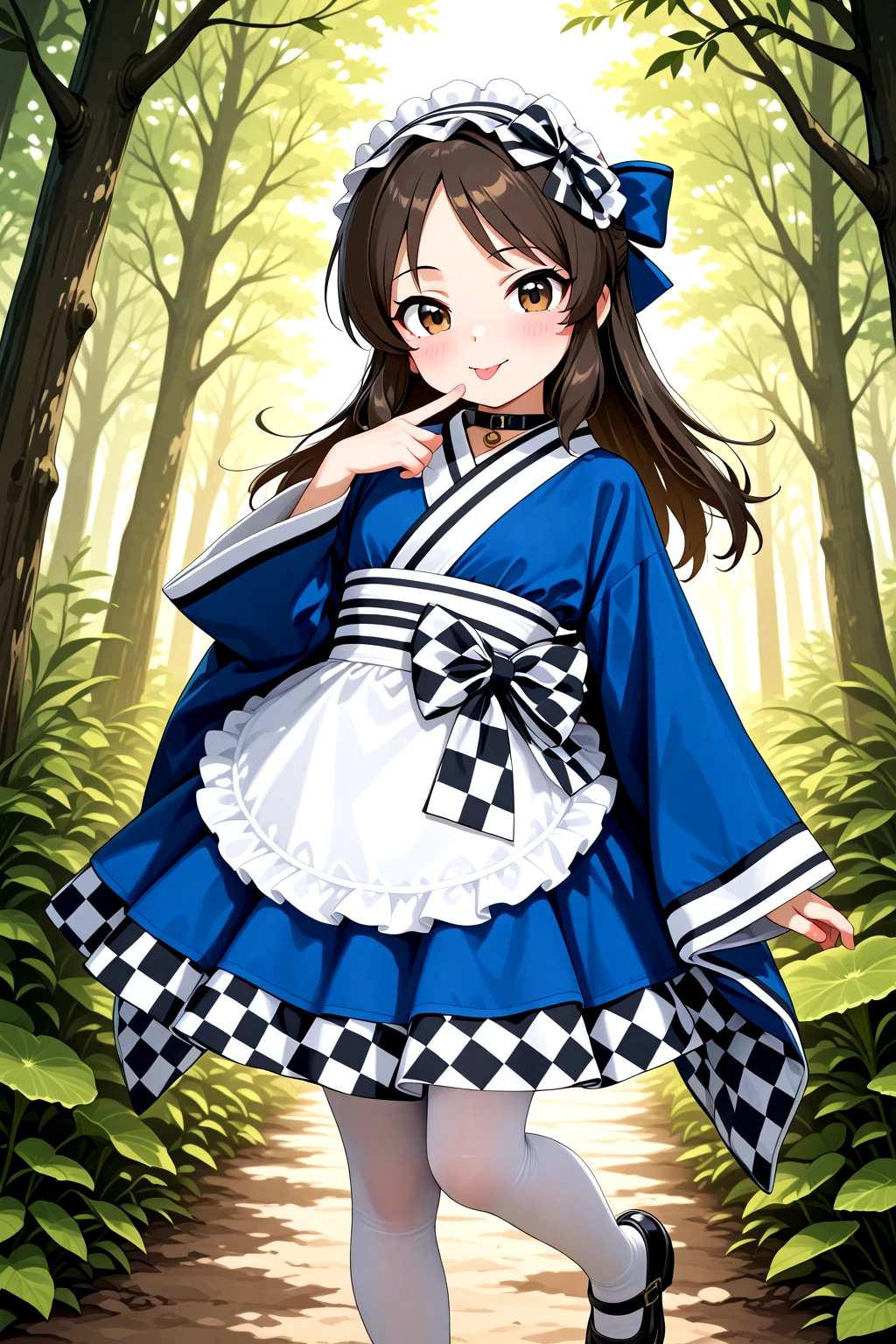 masterpiece, best quality, amazing quality, 1girl, solo, makeup, general, cowboy shot, looking at viewer, blush, dramatic angle, smile, fantasy, forest, giant mushroom background, sky, standing on one leg, black mary janes, black checkered ribbon hairband, tongue out, finger to mouth, cute, tachibana arisu, <lora:Alice_Cos_Kimono:1.1>, Alice_Cos_Kimono, long sleeves, checkered skirt, cosplay, blue dress, bow, japanese clothes, blue kimono, checkered bow, sleeves past wrists, sash, wide sleeves, choker, waist apron, white pantyhose, checkered dress, collar, back bow, <lora:wai-A3-V140:1>, <lora:illustrious_noobai_epsilon_pred_1_masterpieces_v1:1>