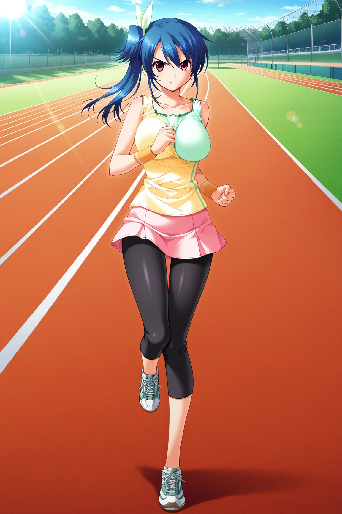 (masterpiece, best quality, game cg,highly_detailed,extremely_detailed_CG_unity_8k_wallpaper,illustration,highres,absurdres:1.2),1girl,solo,<lora:Natsukawa_Asami:1>URAAsami,blue hair,bangs,side ponytail,hair ribbon,red eyes,(yellow one-shoulder shirt),green tank top,wristbands,pink miniskirt,ribbons,capri leggings,running,sweathing;focused,serious,looking at viewer,front shot,full body,sneakers,track field,bring sun,sunlight,lens flare
