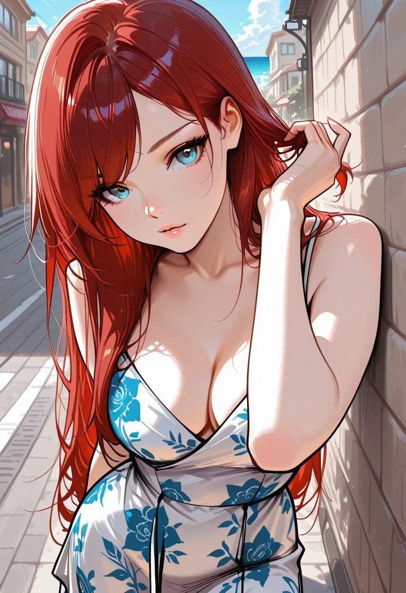 masterpiece, best quality, 32k, high resolution, absurdres, GingerMixSyleRH, 1girl, Red hair, long straight hair, low tied hair, swept bangs, icy blue eyes, full lips, perfect body, , slender, light makeup, floral dress, cleavage, outdoors, sunny, sea in background, leaning on a short wall, looking at the viewer, fixing own hair, pensive, aesthetic, detailed, street,