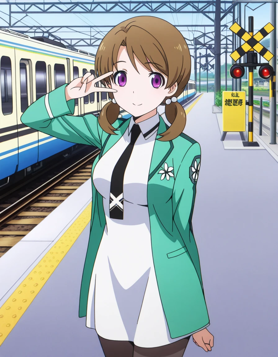 masterpiece, best quality, amazing quality,, <lora:honoka-mitsui-s2-illustriousxl-lora-nochekaiser:1>, honoka mitsui, bangs, brown hair, twintails, purple eyes, low twintails, mature female, medium breasts, anime screencap, dress, jacket, pantyhose, necktie, white dress, black necktie, green jacket, v, v over eyes,, railroad crossing, sign, gate, train, street, cowboy shot, solo, looking at viewer,