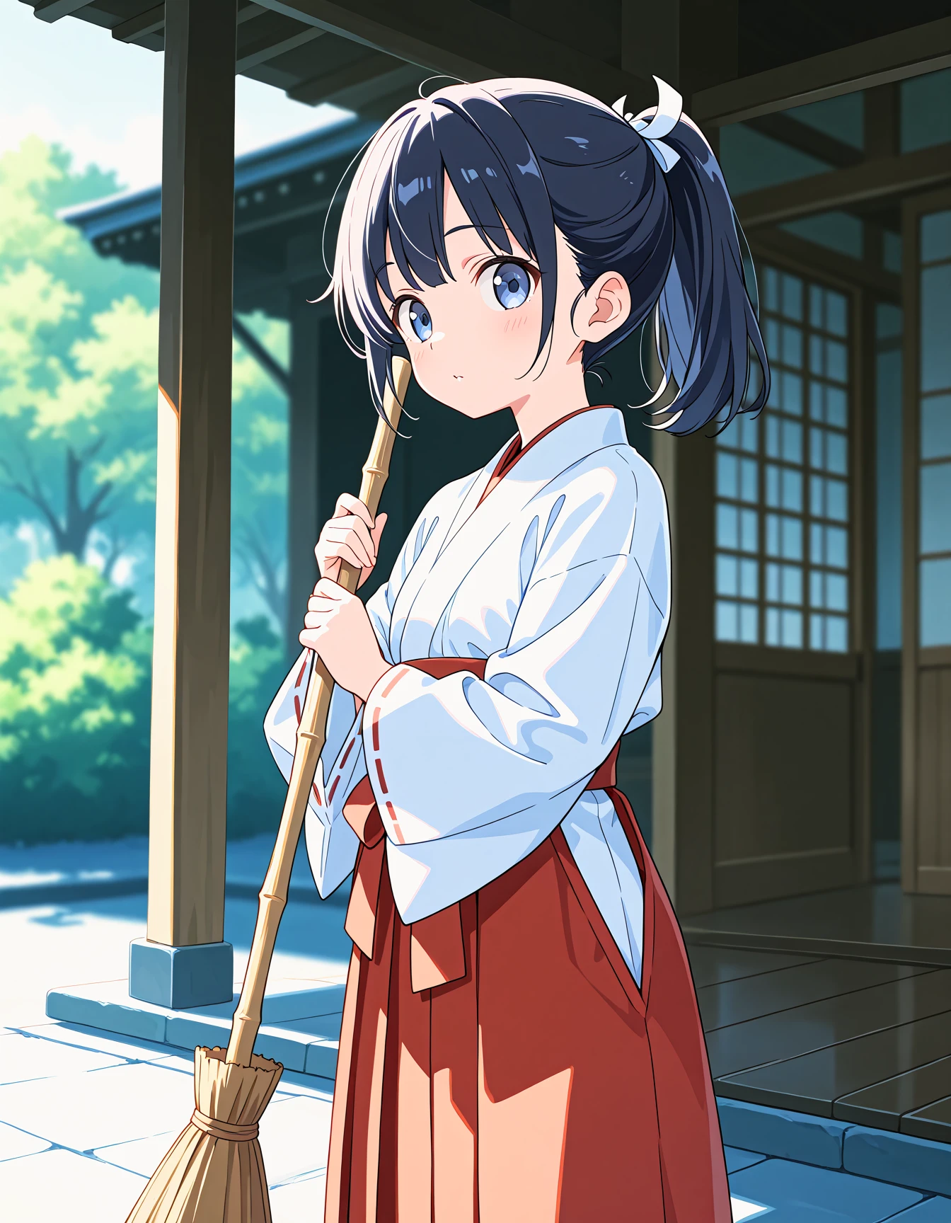 masterpiece,best quality,absurdres,pale color,
1girl,(depth of field:1.4),miko,ponytail,holding broom,