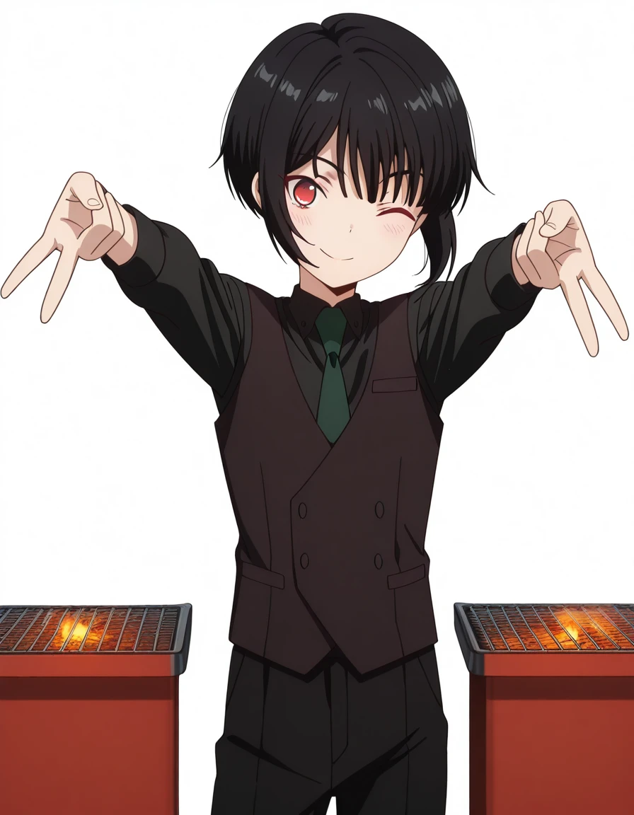 masterpiece, best quality, amazing quality,, <lora:fumiya-kuroba-s2-illustriousxl-lora-nochekaiser:1>, fumiya kuroba, black hair, red eyes, short hair, anime screencap, shirt, male focus, necktie, pants, vest, black shirt, black pants, green necktie,, <lora:double-gyaru-v-illustriousxl-lora-nochekaiser:1>, doublegyaruv, solo, looking at viewer, blush, smile, one eye closed, standing, cowboy shot, double v,, backyard, barbecue, grilling, laughter, summer evening, cowboy shot, solo, looking at viewer, <lora:transparent-background-illustriousxl-lora-nochekaiser:1>, transparent background, simple background, white background