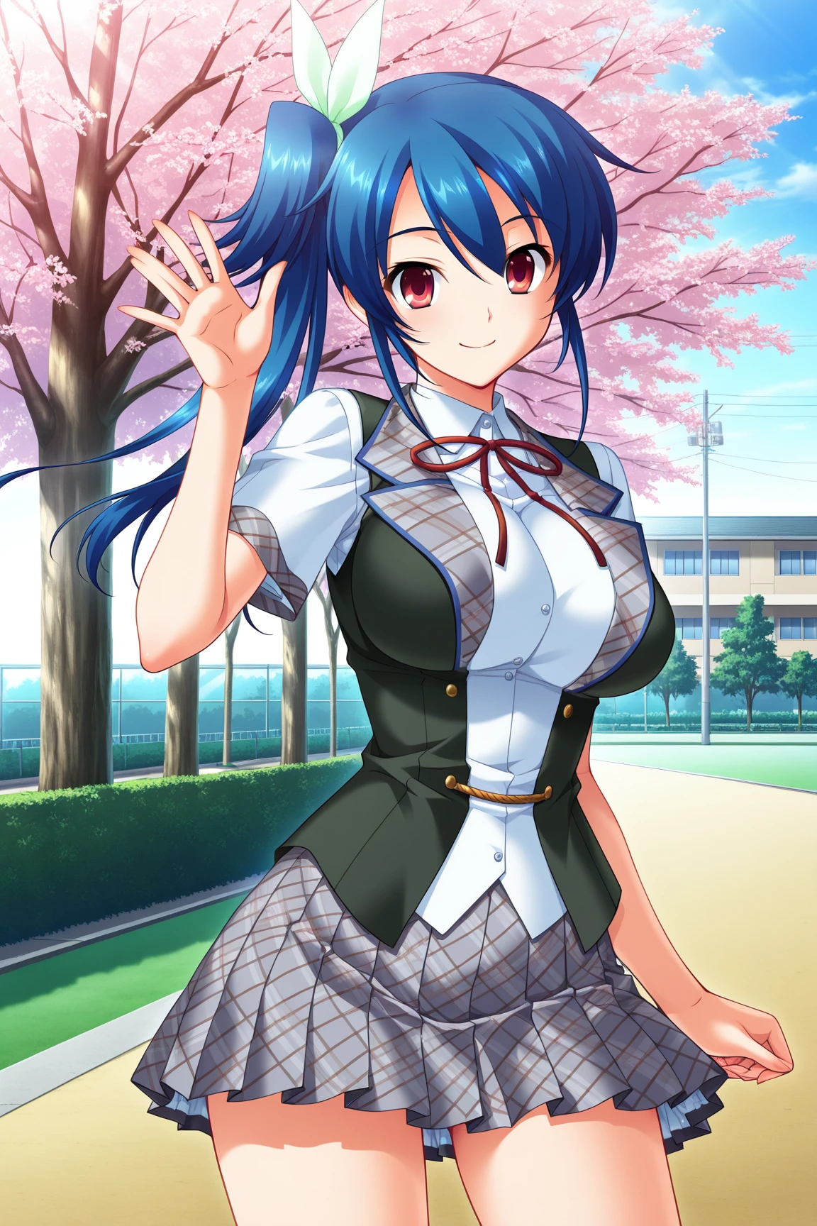 (masterpiece, best quality, game cg,highly_detailed,extremely_detailed_CG_unity_8k_wallpaper,illustration,highres,absurdres:1.2),1girl,solo,<lora:Natsukawa_Asami:1> blue hair,bangs,side ponytail,hair ribbon,red eyes,dress ribbon,short sleeves,white shirt,vest,pleated skirt,smiling,waving at viewer,school building,school yard,sakura tree,dynamic pose,cowboy shot,dynamic angle