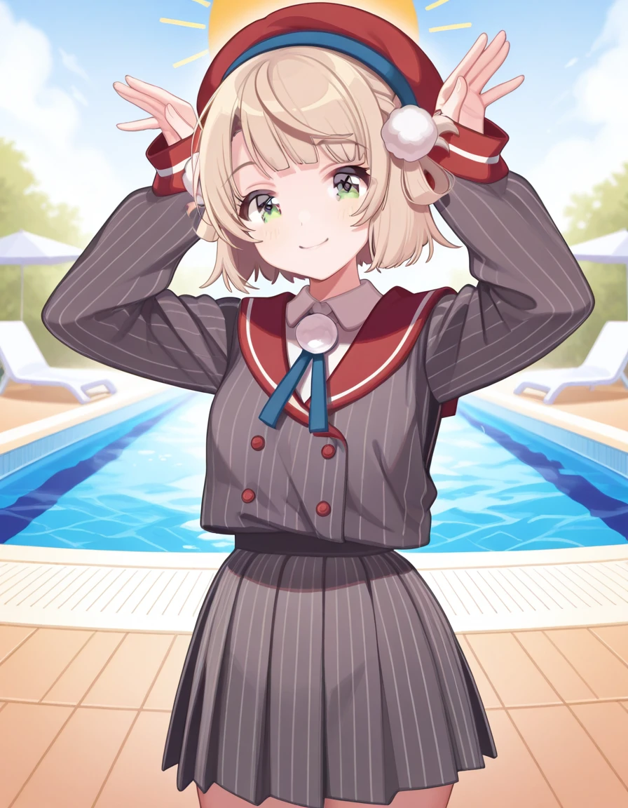 masterpiece, best quality, amazing quality,, <lora:ui-shigure-mv-illustriousxl-lora-nochekaiser:1>, ui shigure, shigure ui (vtuber), short hair, blonde hair, hair ornament, green eyes, braid, blunt bangs, swept bangs, light brown hair, side braid, french braid, hair rings, pom pom hair ornament, mature female, small breasts, shirt, skirt, long sleeves, hat, ribbon, jacket, white shirt, pleated skirt, collared shirt, sailor collar, miniskirt, striped clothes, sleeves past wrists, neck ribbon, buttons, beret, blue ribbon, red headwear, grey skirt, pom pom (clothes), vertical-striped clothes, grey jacket, double-breasted, pinstripe pattern, striped skirt, red sailor collar, striped jacket, vertical-striped skirt, vertical-striped jacket, <lora:rabbit-pose-illustriousxl-lora-nochekaiser:1>, rabbit pose, hands up, looking at viewer, smile, cowboy shot,, poolside, chairs, sun, towels, relaxation, cowboy shot, solo, looking at viewer,