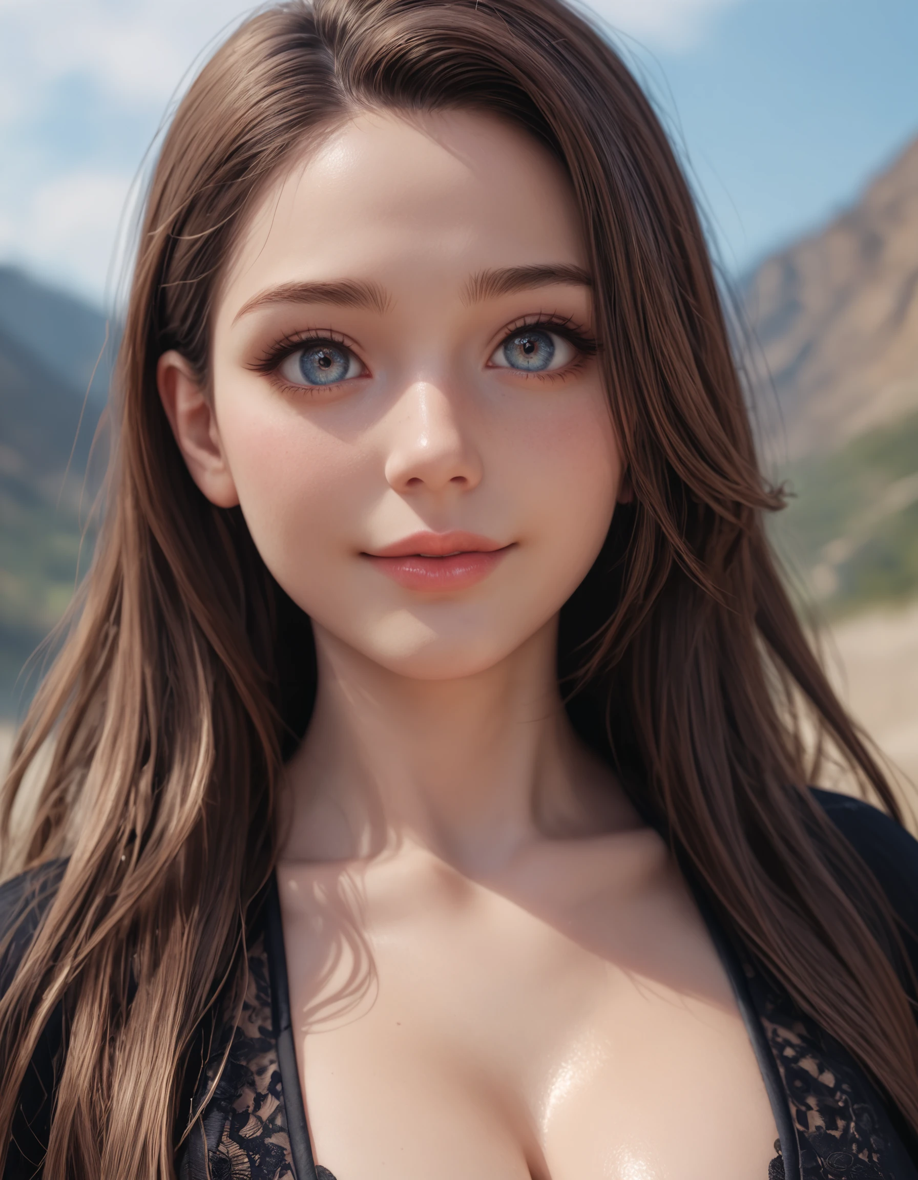 zPDXL3, safe_pos, score_9, score_8_up, source_realistic, rating_explicit, 8k, best quality, masterpiece, expressiveh, intricate details, ultra high res, sharp focus, digital art, cinematic, extremely detailed, cinematic light, photo studio lighting, Unreal Engine, dramatic angle, dynamic camera angle,
unique perspective, unique angle, wide angle, dutch angle, foreshortening, blurred eyes,
1girl, solo, brown hair, long hair, upper body shot, cleavage, seductive smile, japanese,
innocent, extra blush under eyes, big eyes, beautiful detailed eyes, detailed beautiful delicate face, realistic humid skin, detailed skin sexy pose, sensual posture, graceful pose, curvy, scenery