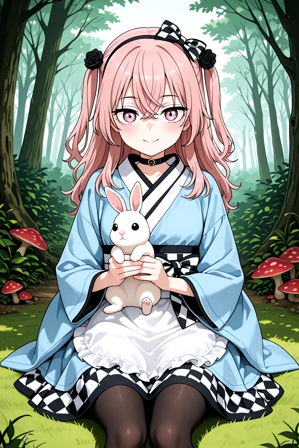 masterpiece, best quality, amazing quality, 1girl, solo, makeup, general, cowboy shot, looking at viewer, blush, dramatic angle, smile, fantasy, forest, giant mushroom background, sky, sitting under tree, on grass, holding rabbit, black checkered ribbon hairband, <lora:sajuna-inui-s1-illustriousxl-lora-nochekaiser:0.8>, sajuna inui, inui sajuna, long hair, bangs, hair ornament, hair between eyes, pink hair, pink eyes, two side up, crossed bangs, black flower, black rose, mature female, small breasts, <lora:Alice_Cos_Kimono:1.1>, Alice_Cos_Kimono, long sleeves, checkered skirt, cosplay, blue dress, bow, japanese clothes, blue kimono, checkered bow, sleeves past wrists, sash, wide sleeves, choker, waist apron, pantyhose, checkered dress, collar, back bow, <lora:wai-A3-V140:1>, <lora:illustrious_noobai_epsilon_pred_1_masterpieces_v1:1>