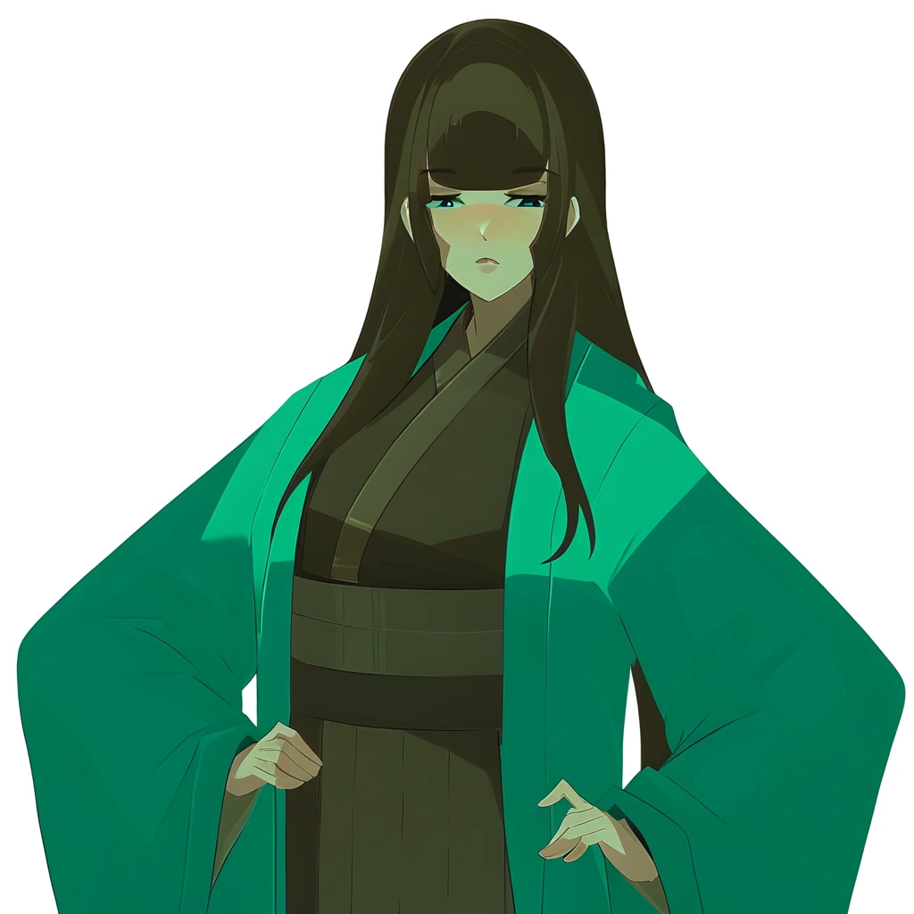 KaoriTower, kimono_outfit, 1girl, solo, brown hair, long hair, straight hair, blunt bangs, green kimono, dark underlayer, hand on hip, upper body, standing, white background, anime style