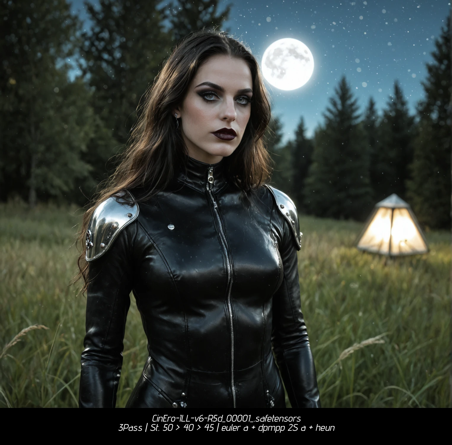 1girl, solo, long_hair, looking_at_viewer, black_hair, outdoors, blurry_background, makeup, bodysuit, moon, lipstick, eyeshadow, realistic, black_bodysuit, goth_fashion, black_lips,
In a serene yet eerie field under a full moon, a figure stands poised and commanding. The individual is clad in a sleek, black leather outfit adorned with silver buttons, exuding an air of mystery and strength. Their long, dark hair cascades down their back, partially covering their shoulders, and they wear dark lipstick that matches their attire. The scene is bathed in the soft, ethereal glow of the moonlight, casting long shadows and highlighting the texture of the tall grasses surrounding them. The atmosphere is one of quiet intensity, as if the figure is ready to confront whatever lies ahead.
score_9, score_8_up, source_photo, photorealistic, bokeh, cinematic still photograph, analog film grain, Selective focus, photorealism, cinematic.
Masterpiece, intricate lines, intriguing atmosphere, sharp magnificent details, delicate features, elaborate details, (2/3 rule composition:0.5), ultra detailed, rembrandt lighting.