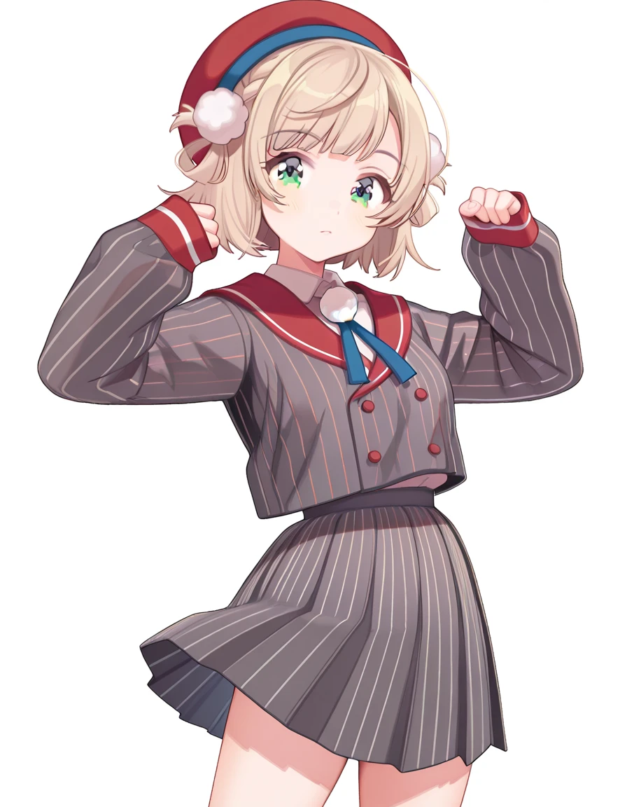 masterpiece, best quality, amazing quality,, <lora:ui-shigure-mv-illustriousxl-lora-nochekaiser:1>, ui shigure, shigure ui (vtuber), short hair, blonde hair, hair ornament, green eyes, braid, blunt bangs, swept bangs, light brown hair, side braid, french braid, hair rings, pom pom hair ornament, mature female, small breasts, shirt, skirt, long sleeves, hat, ribbon, jacket, white shirt, pleated skirt, collared shirt, sailor collar, miniskirt, striped clothes, sleeves past wrists, neck ribbon, buttons, beret, blue ribbon, red headwear, grey skirt, pom pom (clothes), vertical-striped clothes, grey jacket, double-breasted, pinstripe pattern, striped skirt, red sailor collar, striped jacket, vertical-striped skirt, vertical-striped jacket, <lora:kung-fu-illustriousxl-lora-nochekaiser:1>, kung fu, martial arts, training, fighting stance, cowboy shot, hands up, legs up, island, water, tropical, trees, isolation, cowboy shot, solo, looking at viewer, <lora:transparent-background-illustriousxl-lora-nochekaiser:1>, transparent background, simple background, white background