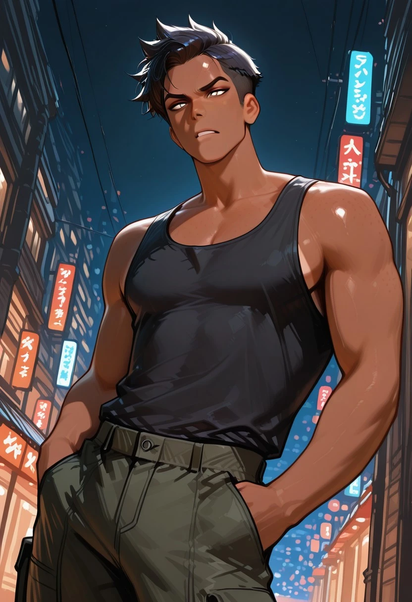 masterpiece, best quality, 32k, high resolution, absurdres, GingerMixSyleRH, HD32k, masterpiece, 1man, short spiky hair, dark hair, tanned skin, tanktop, cargo pants, hands on pocket, badass expression, night, low lights, outdoor, cowboy shot, masterwork, masterpiece, best quality, dynamic lighting , dynamic pose,, dynamic angle, detailed,