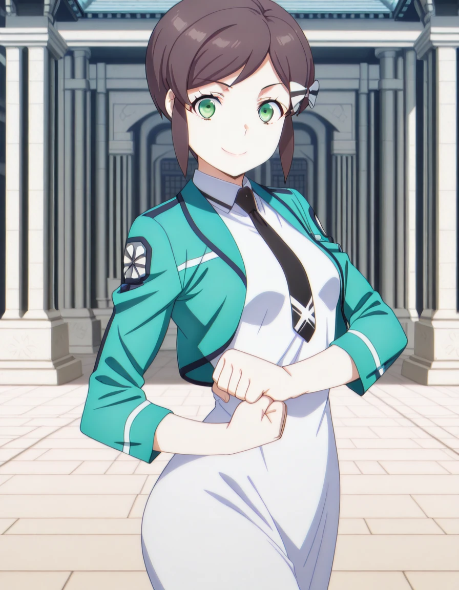 masterpiece, best quality, amazing quality,, <lora:kasumi-saegusa-s3-illustriousxl-lora-nochekaiser:1>, kasumi saegusa, short hair, brown hair, bow, green eyes, hair bow, mature female, small breasts, anime screencap, dress, jacket, pantyhose, necktie, white dress, black necktie, green jacket, <lora:side-chest-pose-illustriousxl-lora-nochekaiser:1>, side chest pose, solo, looking at viewer, smile, hands up, clenched fist, grabbing own arm,, Man-made, architecture, structures, civilization, urban, cowboy shot, solo, looking at viewer,