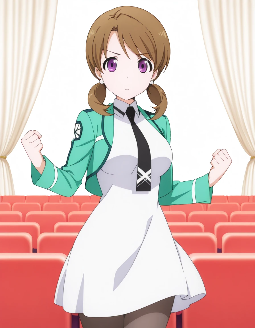 masterpiece, best quality, amazing quality,, <lora:honoka-mitsui-s2-illustriousxl-lora-nochekaiser:1>, honoka mitsui, bangs, brown hair, twintails, purple eyes, low twintails, mature female, medium breasts, anime screencap, dress, jacket, pantyhose, necktie, white dress, black necktie, green jacket, <lora:dynamic-pose-illustriousxl-lora-nochekaiser:1>, dynamic pose, fighting stance, cowboy shot, theater, stage, seats, performance, curtains, cowboy shot, solo, looking at viewer, <lora:transparent-background-illustriousxl-lora-nochekaiser:1>, transparent background, simple background, white background