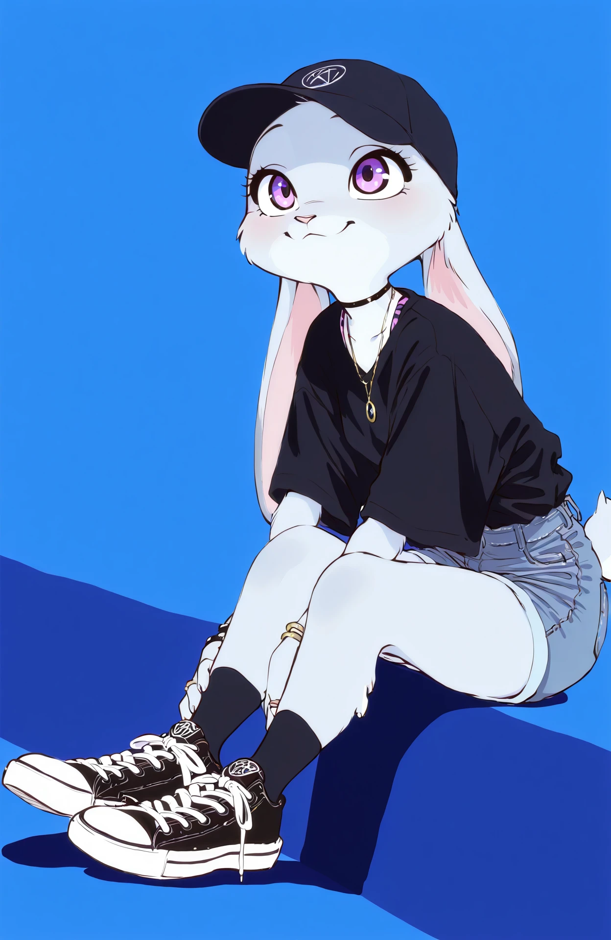 masterpiece, best quality, newest, absurdres, lazypos, solo
JdH00ps-p3np3n, gray fur, purple eyes, blue theme, 1girl, solo, shirt, hat, jewelry, sitting, shorts, shoes, socks, black footwear, necklace, bracelet, black shirt, black headwear, piercing, ring, black socks, sneakers, baseball cap
 <lora:Judy-Hopps-penpen-style_il:0.9>